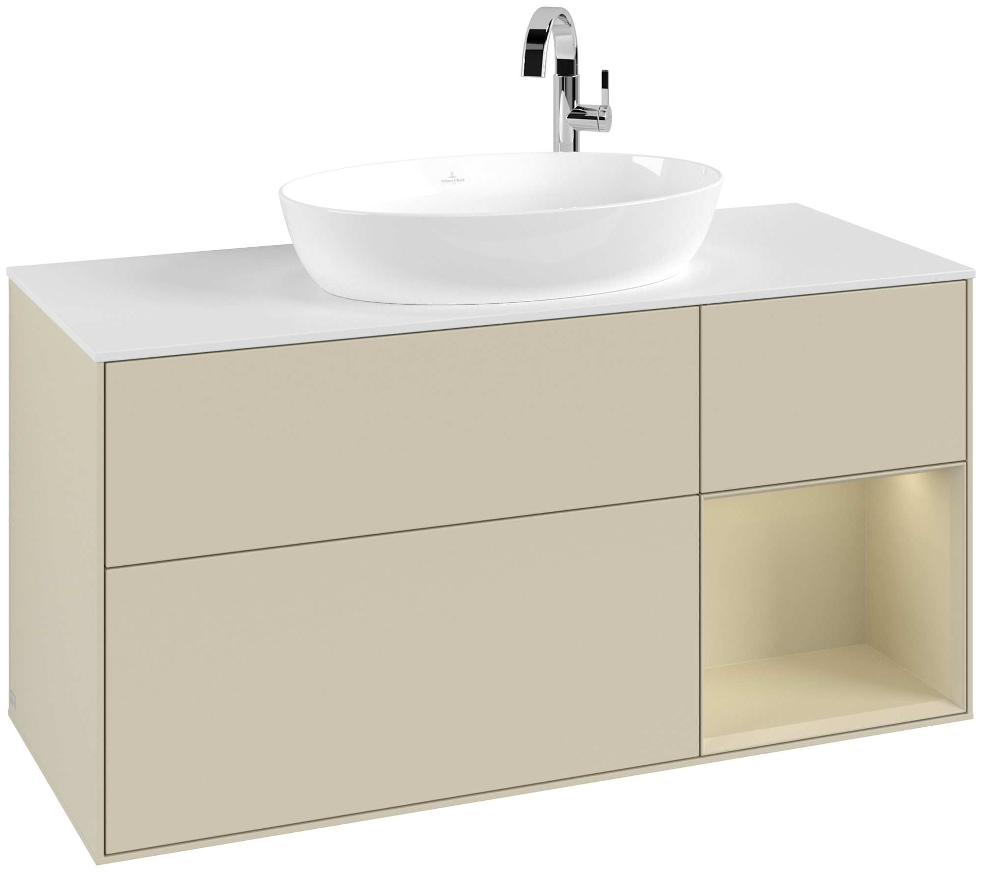 Villeroy & Boch Finion Waschbeckenunterschrank, mit Beleuchtung, 3 Auszüge, 1200x603x501mm, Korpus: Silk Grey Matt Lacquer, Front: Silk Grey Matt Lacquer, Regalelement: Silk Grey Matt Lacquer, Abdeckplatte: Glass White Matt