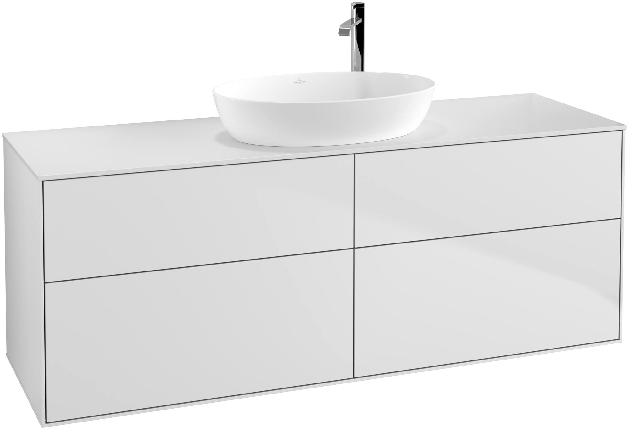 Villeroy & Boch Finion Waschbeckenunterschrank, 4 Auszüge, 1600x603x501mm, Korpus: White Matt Lacquer, Front: White Matt Lacquer, Abdeckplatte: Glass White Matt