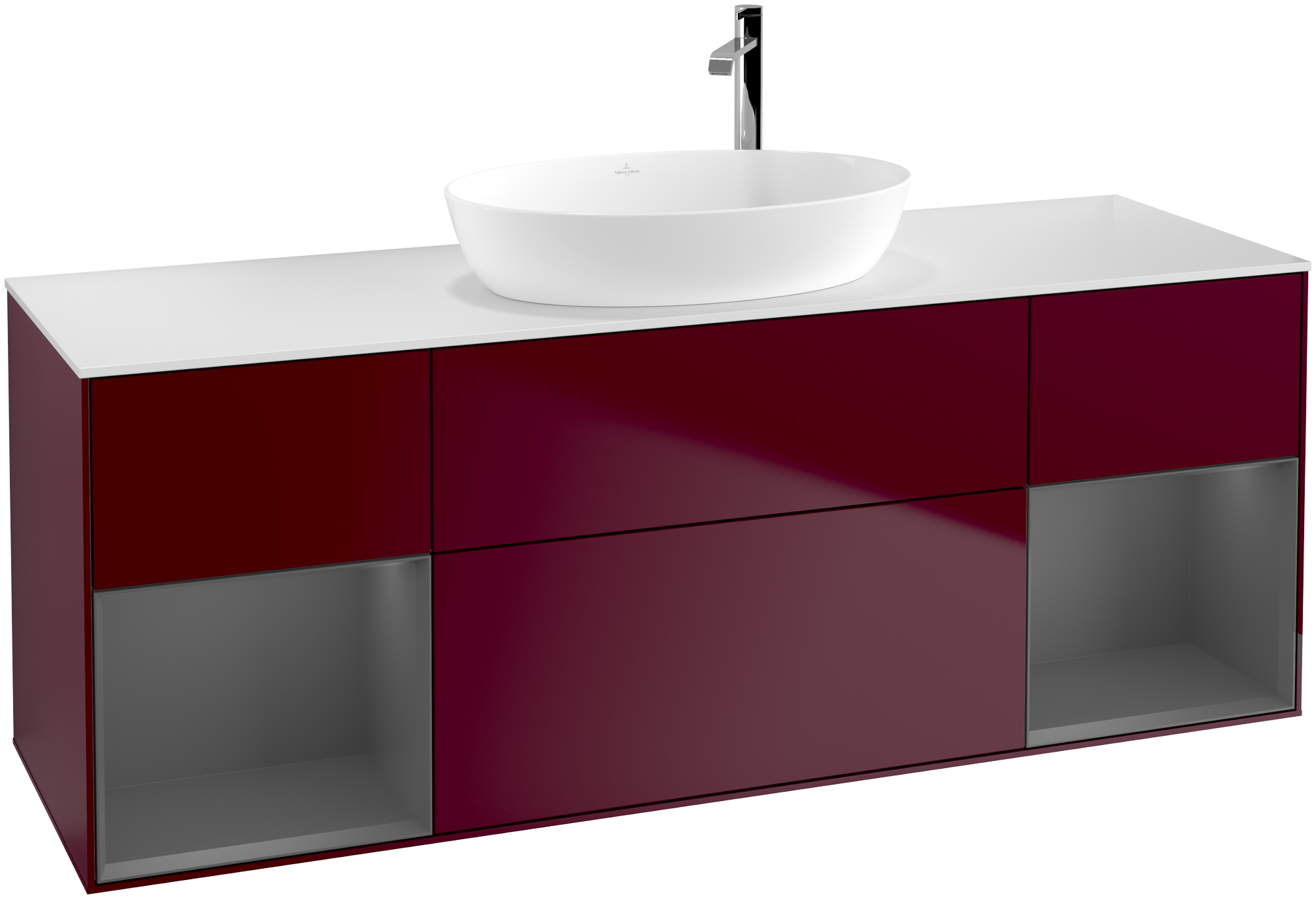 Villeroy & Boch Finion Waschbeckenunterschrank, mit Beleuchtung, 4 Auszüge, 1600x603x501mm, Korpus: Peony Matt Lacquer, Front: Peony Matt Lacquer, Regalelement: Anthracite Matt Lacquer, Abdeckplatte: Glass White Matt