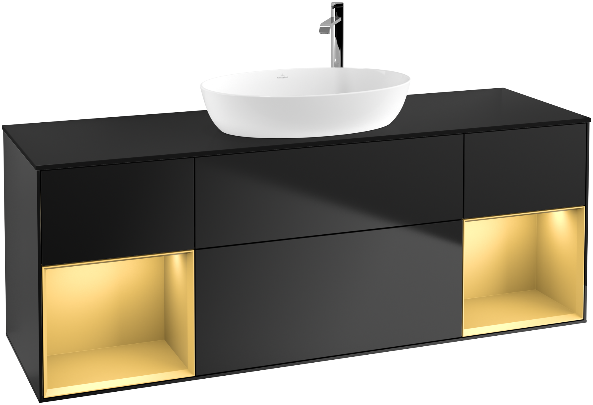 Villeroy & Boch Finion Vanity unit, with lighting, 4 pull-out compartments, 1600x603x501mm, Body: Black Matt Lacquer, Front: Black Matt Lacquer, Shelf: Gold Matt Lacquer, Cover plate: Glass Black Matt