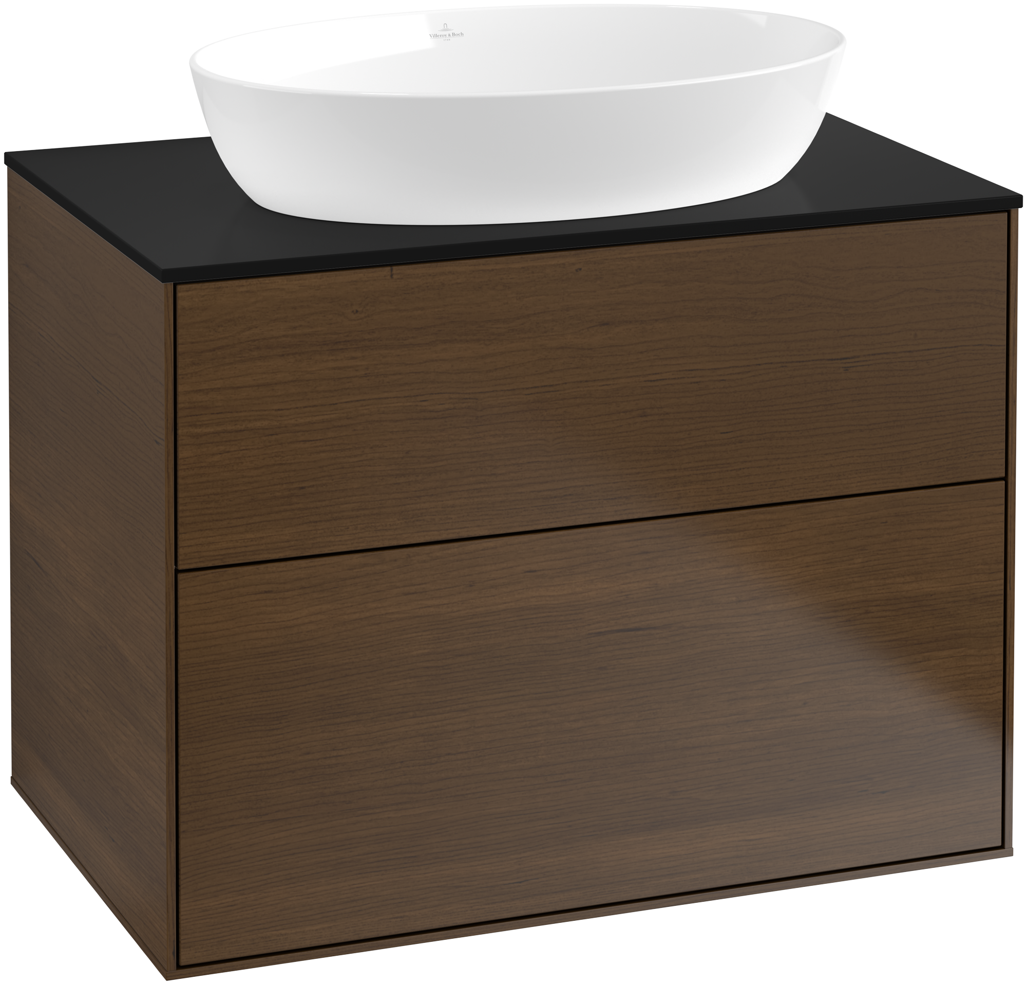 Villeroy & Boch Finion Vanity unit, 2 pull-out compartments, 800x603x501mm, Body: Walnut Veneer, Front: Walnut Veneer, Cover plate: Glass Black Matt