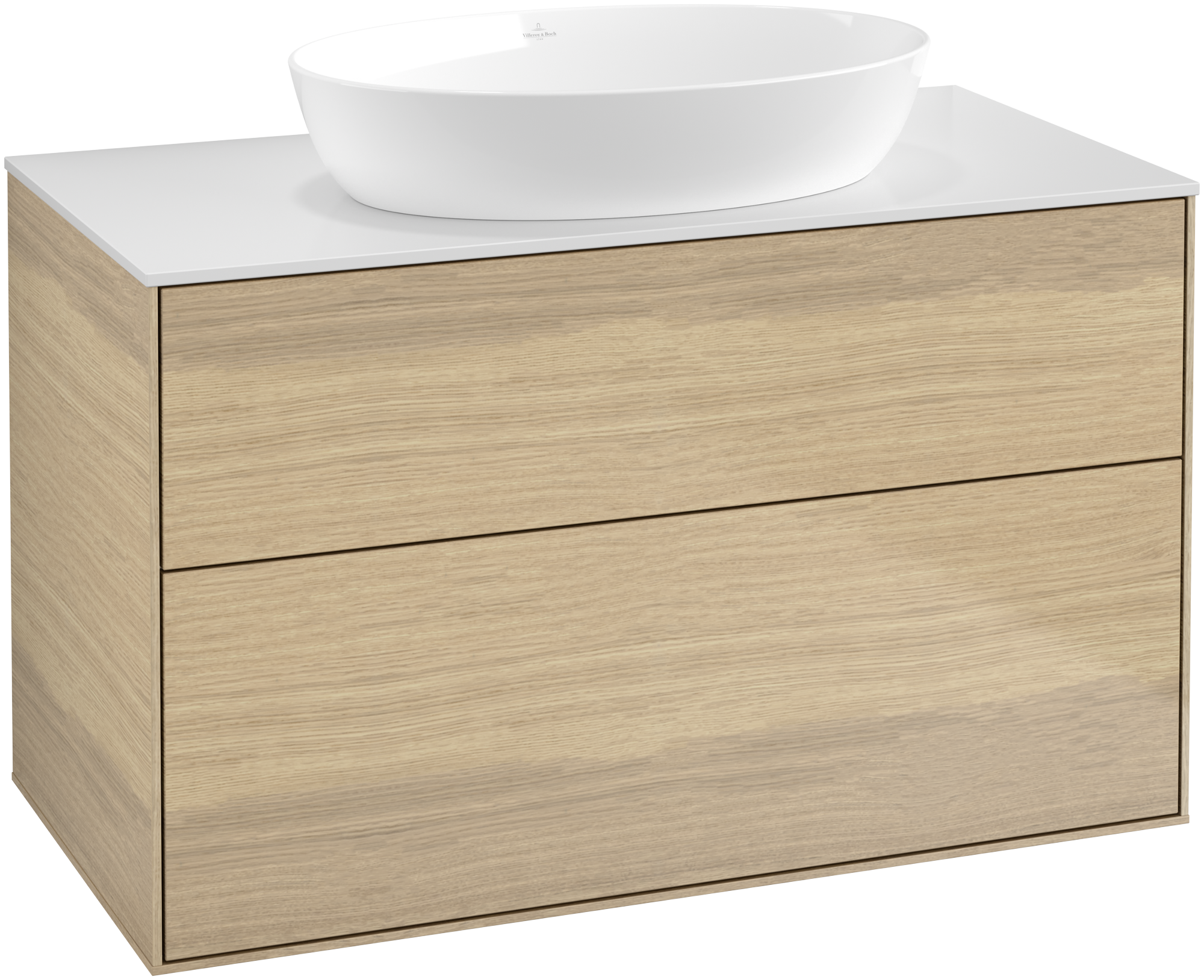 Villeroy & Boch Finion Waschbeckenunterschrank, 2 Auszüge, 1000x603x501mm, Korpus: Oak Veneer, Front: Oak Veneer, Abdeckplatte: Glass White Matt
