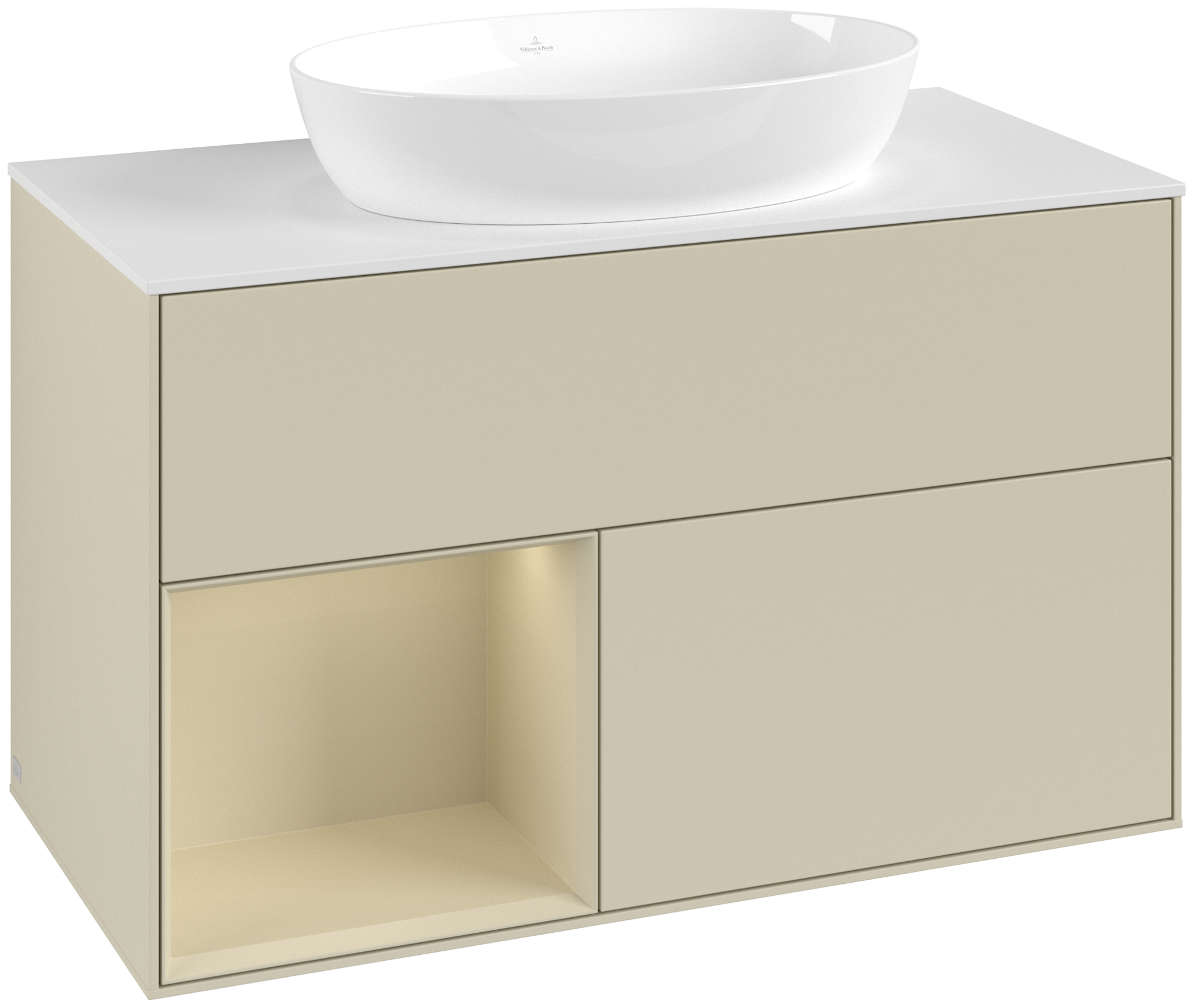 Villeroy & Boch Finion Waschbeckenunterschrank, mit Beleuchtung, 2 Auszüge, 1000x603x501mm, Korpus: Silk Grey Matt Lacquer, Front: Silk Grey Matt Lacquer, Regalelement: Silk Grey Matt Lacquer, Abdeckplatte: Glass White Matt