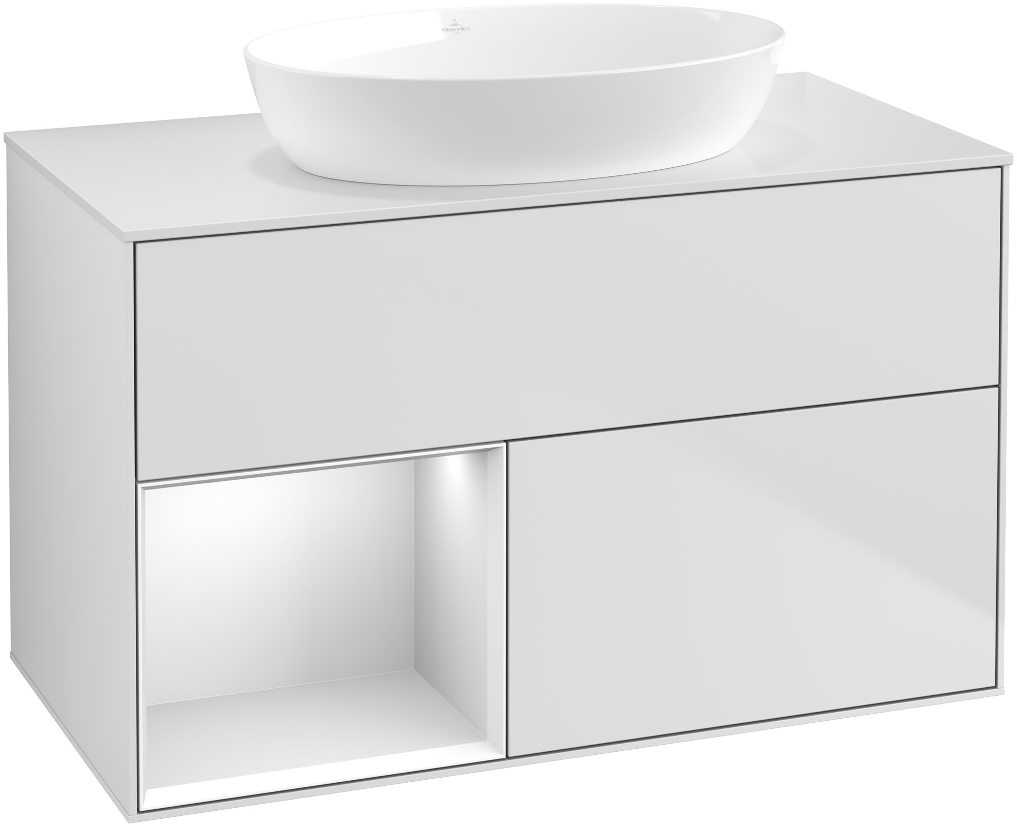 Villeroy & Boch Finion Waschbeckenunterschrank, mit Beleuchtung, 2 Auszüge, 1000x603x501mm, Korpus: White Matt Lacquer, Front: White Matt Lacquer, Regalelement: White Matt Lacquer, Abdeckplatte: Glass White Matt