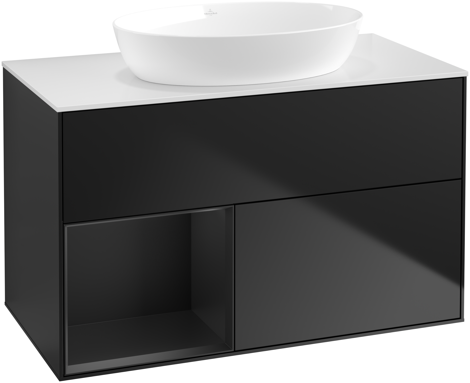 Villeroy & Boch Finion Vanity unit, with lighting, 2 pull-out compartments, 1000x603x501mm, Body: Black Matt Lacquer, Front: Black Matt Lacquer, Shelf: Black Matt Lacquer, Cover plate: Glass White Matt