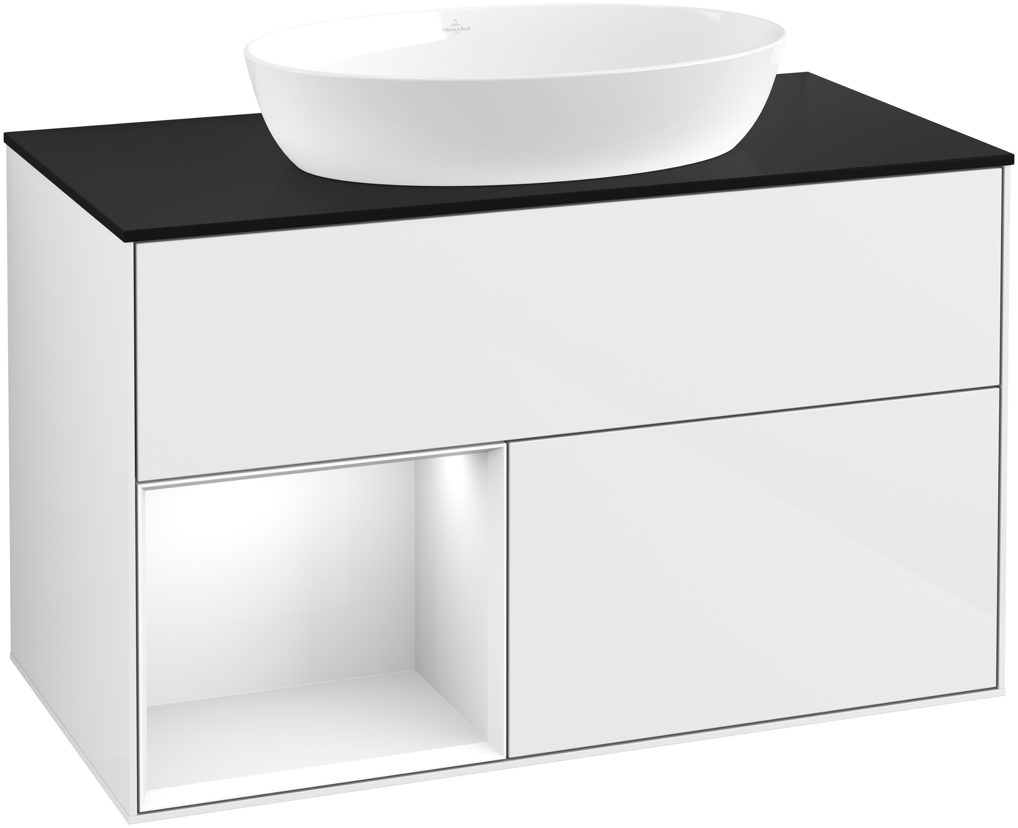 Villeroy & Boch Finion Vanity unit, with lighting, 2 pull-out compartments, 1000x603x501mm, Body: Glossy White Lacquer, Front: Glossy White Lacquer, Shelf: Glossy White Lacquer, Cover plate: Glass Black Matt
