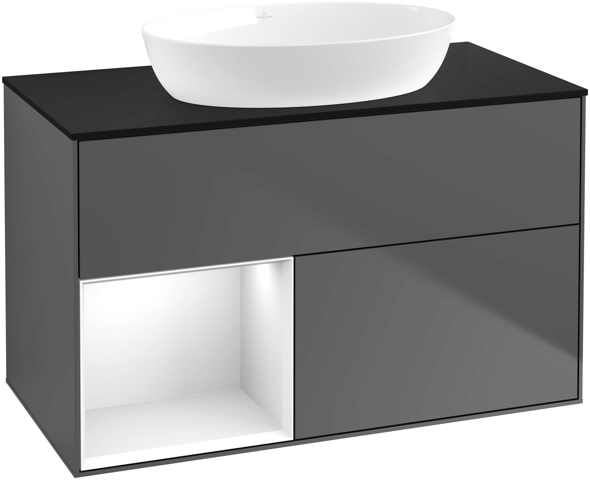 Villeroy & Boch Finion Vanity unit, with lighting, 2 pull-out compartments, 1000x603x501mm, Body: Anthracite Matt Lacquer, Front: Anthracite Matt Lacquer, Shelf: Glossy White Lacquer, Cover plate: Glass Black Matt