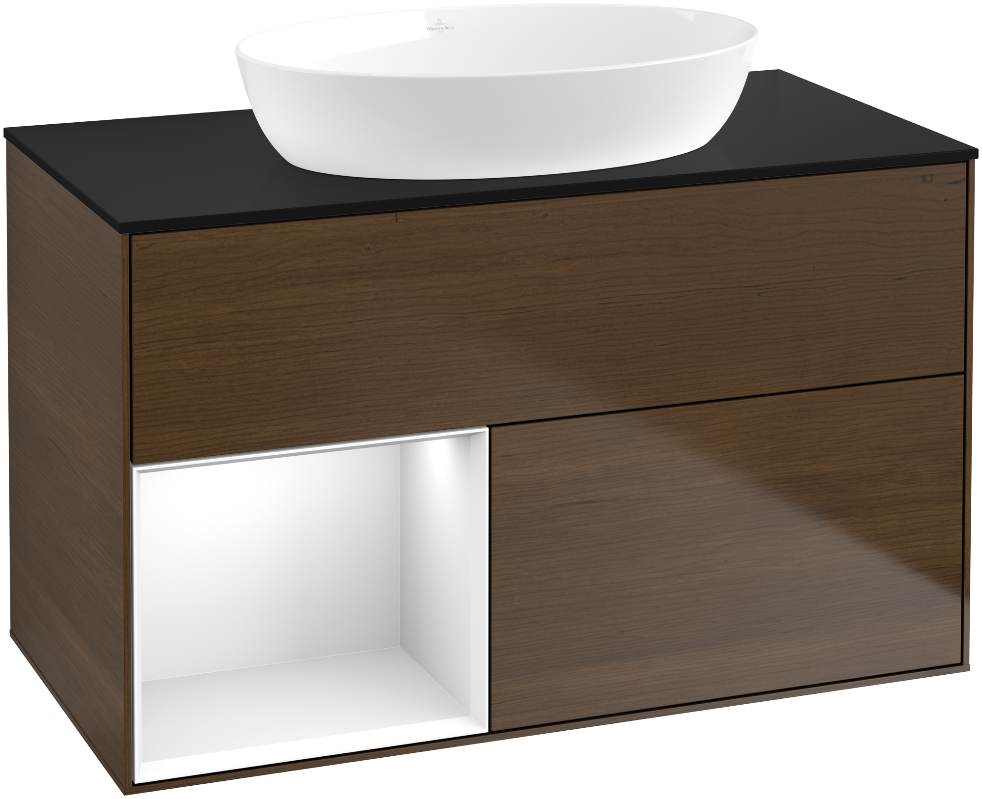 Villeroy & Boch Finion Vanity unit, with lighting, 2 pull-out compartments, 1000x603x501mm, Body: Walnut Veneer, Front: Walnut Veneer, Shelf: Glossy White Lacquer, Cover plate: Glass Black Matt