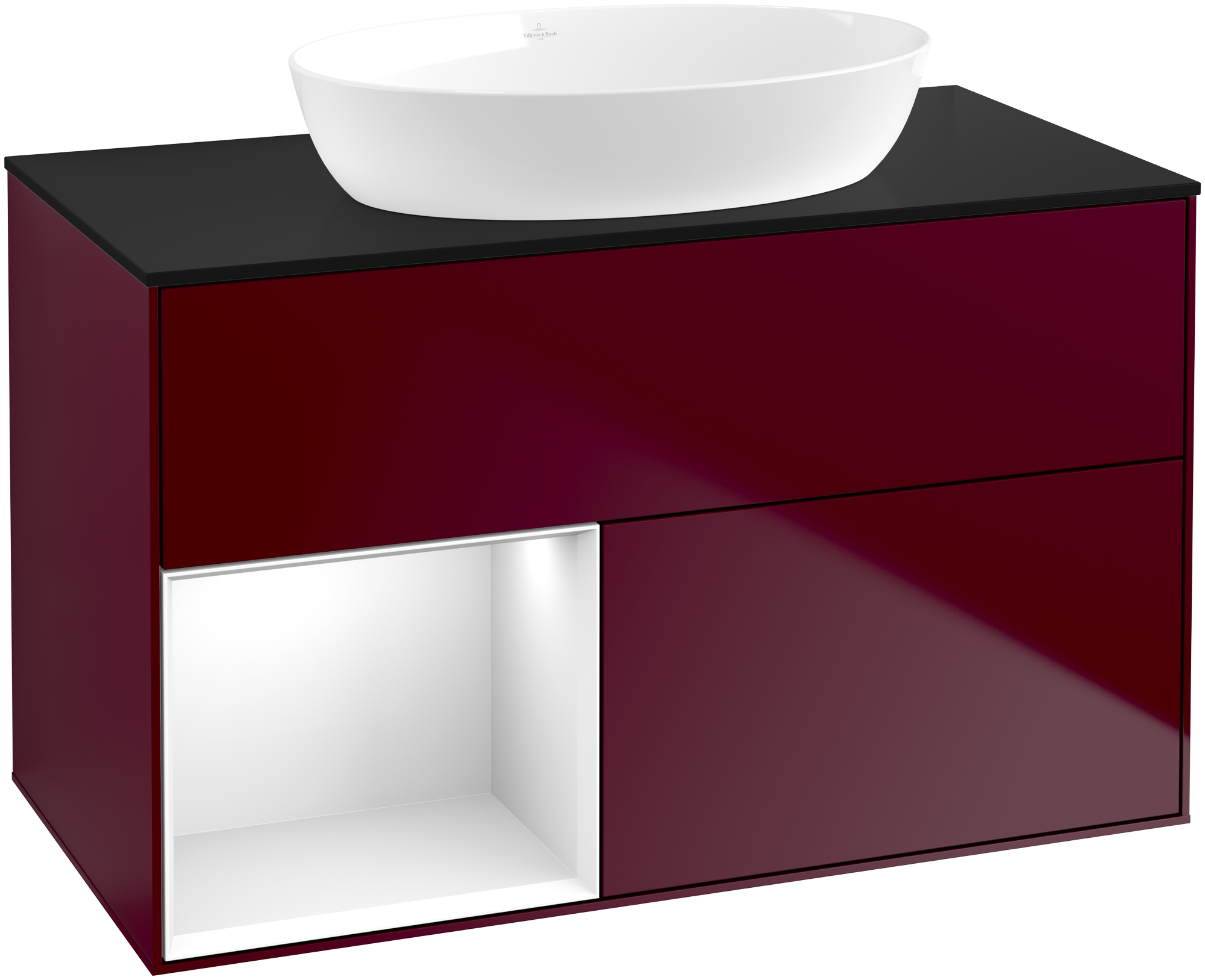 Villeroy & Boch Finion Vanity unit, with lighting, 2 pull-out compartments, 1000x603x501mm, Body: Peony Matt Lacquer, Front: Peony Matt Lacquer, Shelf: Glossy White Lacquer, Cover plate: Glass Black Matt