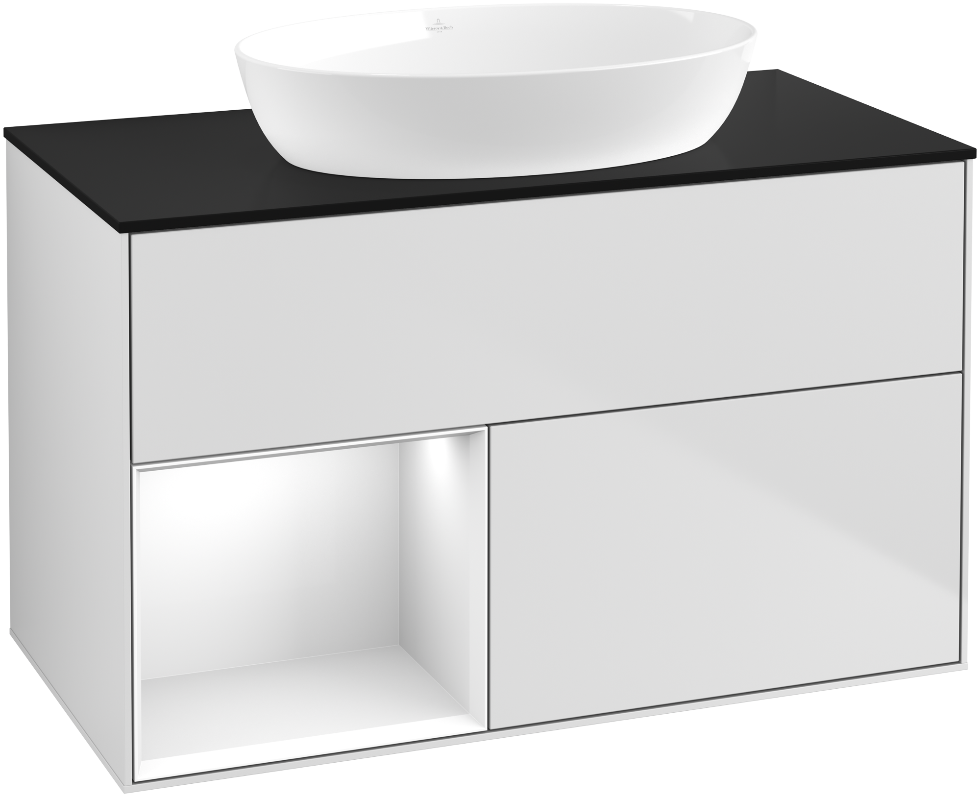 Villeroy & Boch Finion Vanity unit, with lighting, 2 pull-out compartments, 1000x603x501mm, Body: White Matt Lacquer, Front: White Matt Lacquer, Shelf: Glossy White Lacquer, Cover plate: Glass Black Matt
