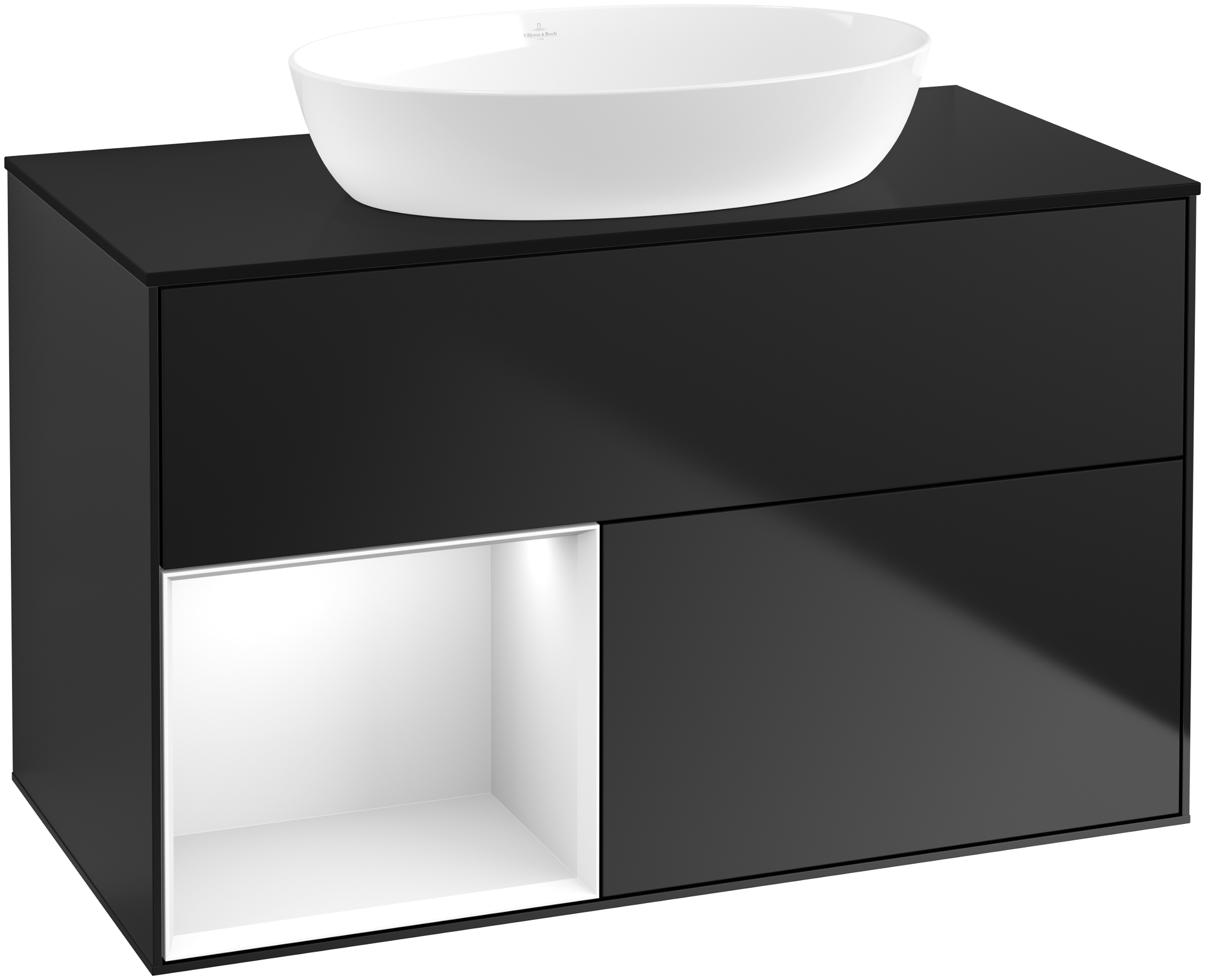 Villeroy & Boch Finion Vanity unit, with lighting, 2 pull-out compartments, 1000x603x501mm, Body: Black Matt Lacquer, Front: Black Matt Lacquer, Shelf: Glossy White Lacquer, Cover plate: Glass Black Matt