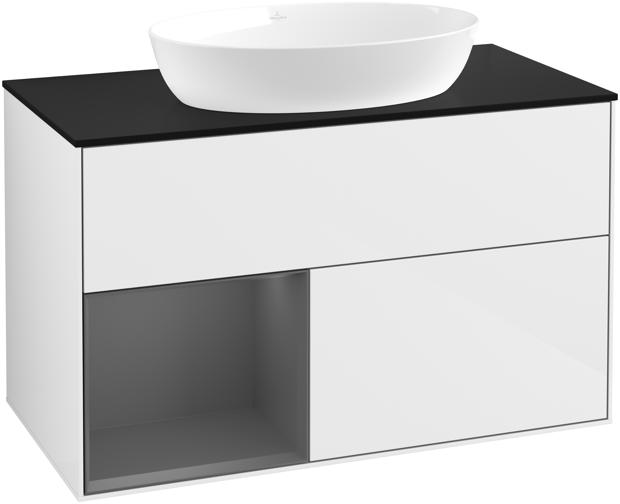 Villeroy & Boch Finion Vanity unit, with lighting, 2 pull-out compartments, 1000x603x501mm, Body: Glossy White Lacquer, Front: Glossy White Lacquer, Shelf: Anthracite Matt Lacquer, Cover plate: Glass Black Matt