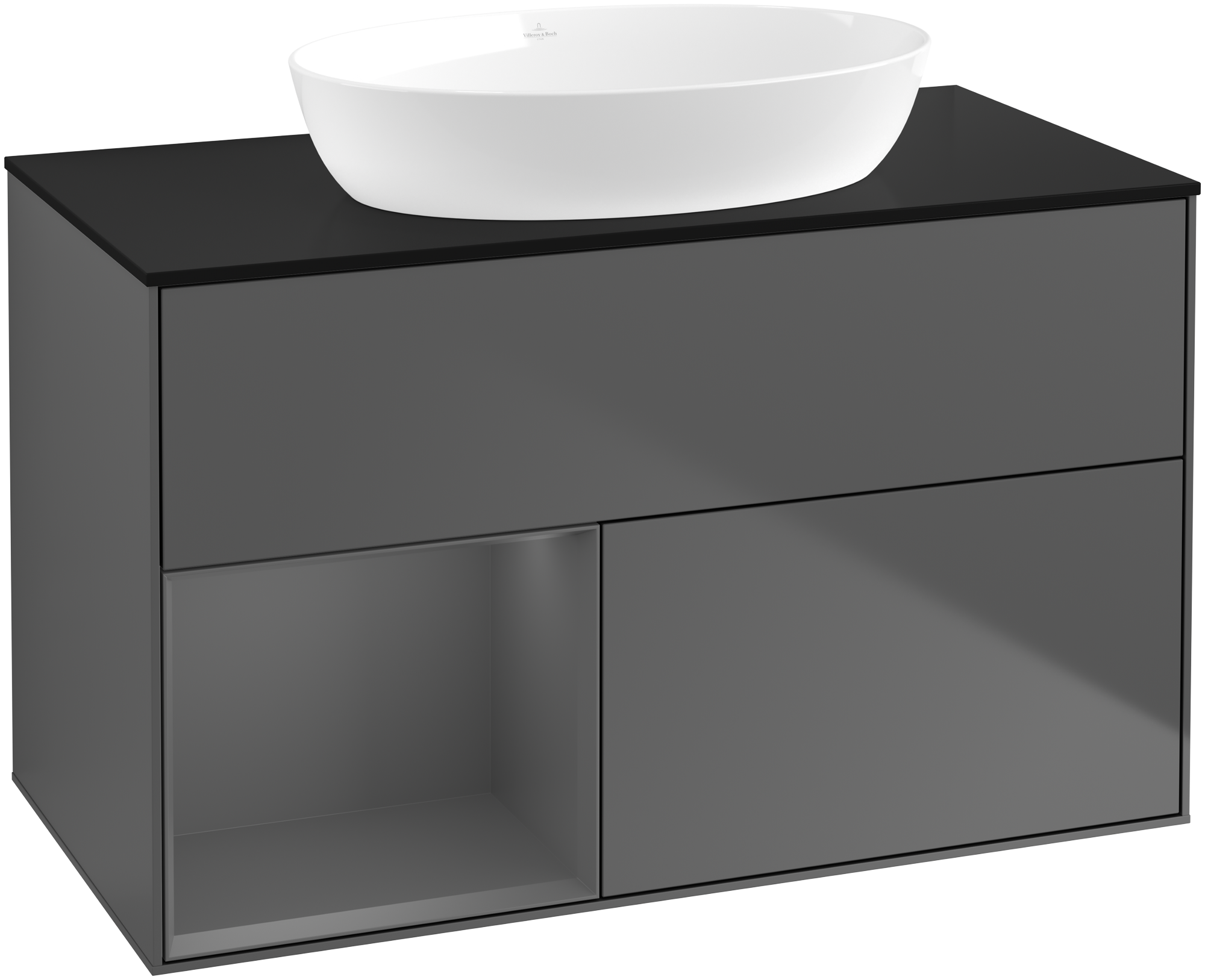 Villeroy & Boch Finion Vanity unit, with lighting, 2 pull-out compartments, 1000x603x501mm, Body: Anthracite Matt Lacquer, Front: Anthracite Matt Lacquer, Shelf: Anthracite Matt Lacquer, Cover plate: Glass Black Matt