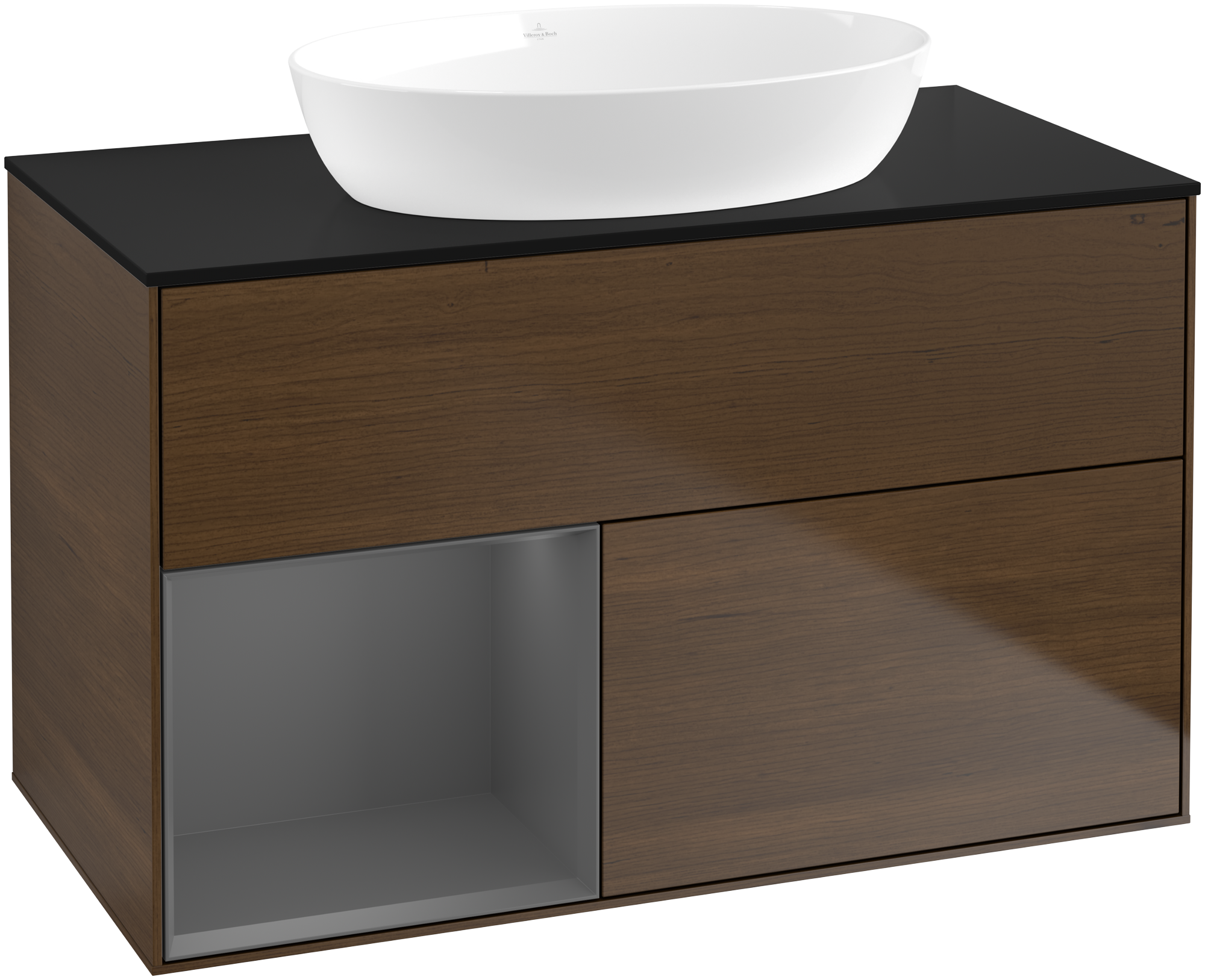 Villeroy & Boch Finion Vanity unit, with lighting, 2 pull-out compartments, 1000x603x501mm, Body: Walnut Veneer, Front: Walnut Veneer, Shelf: Anthracite Matt Lacquer, Cover plate: Glass Black Matt