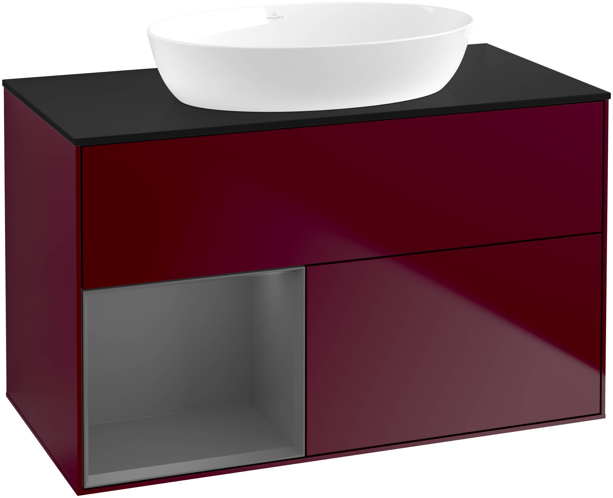 Villeroy & Boch Finion Vanity unit, with lighting, 2 pull-out compartments, 1000x603x501mm, Body: Peony Matt Lacquer, Front: Peony Matt Lacquer, Shelf: Anthracite Matt Lacquer, Cover plate: Glass Black Matt