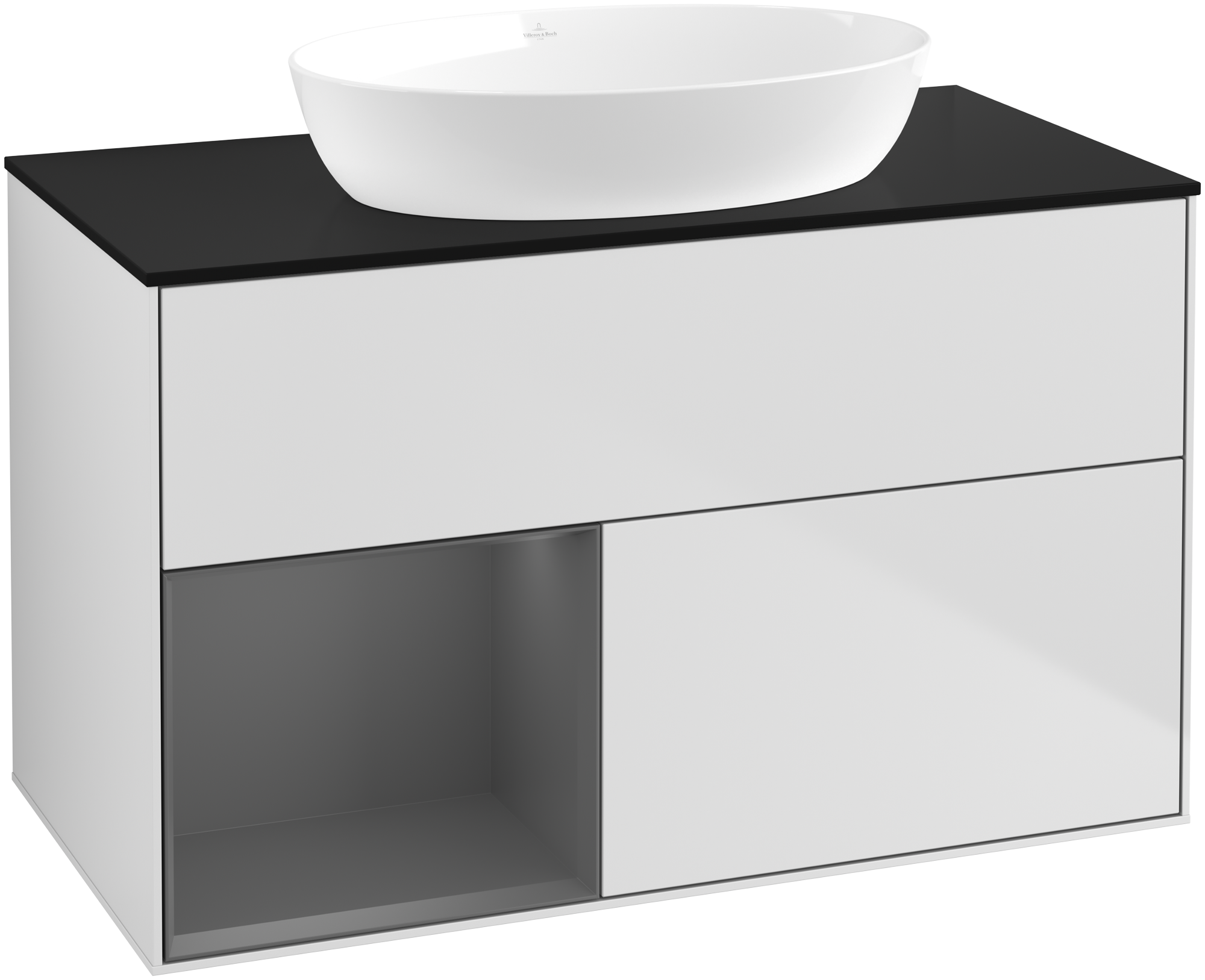 Villeroy & Boch Finion Vanity unit, with lighting, 2 pull-out compartments, 1000x603x501mm, Body: White Matt Lacquer, Front: White Matt Lacquer, Shelf: Anthracite Matt Lacquer, Cover plate: Glass Black Matt