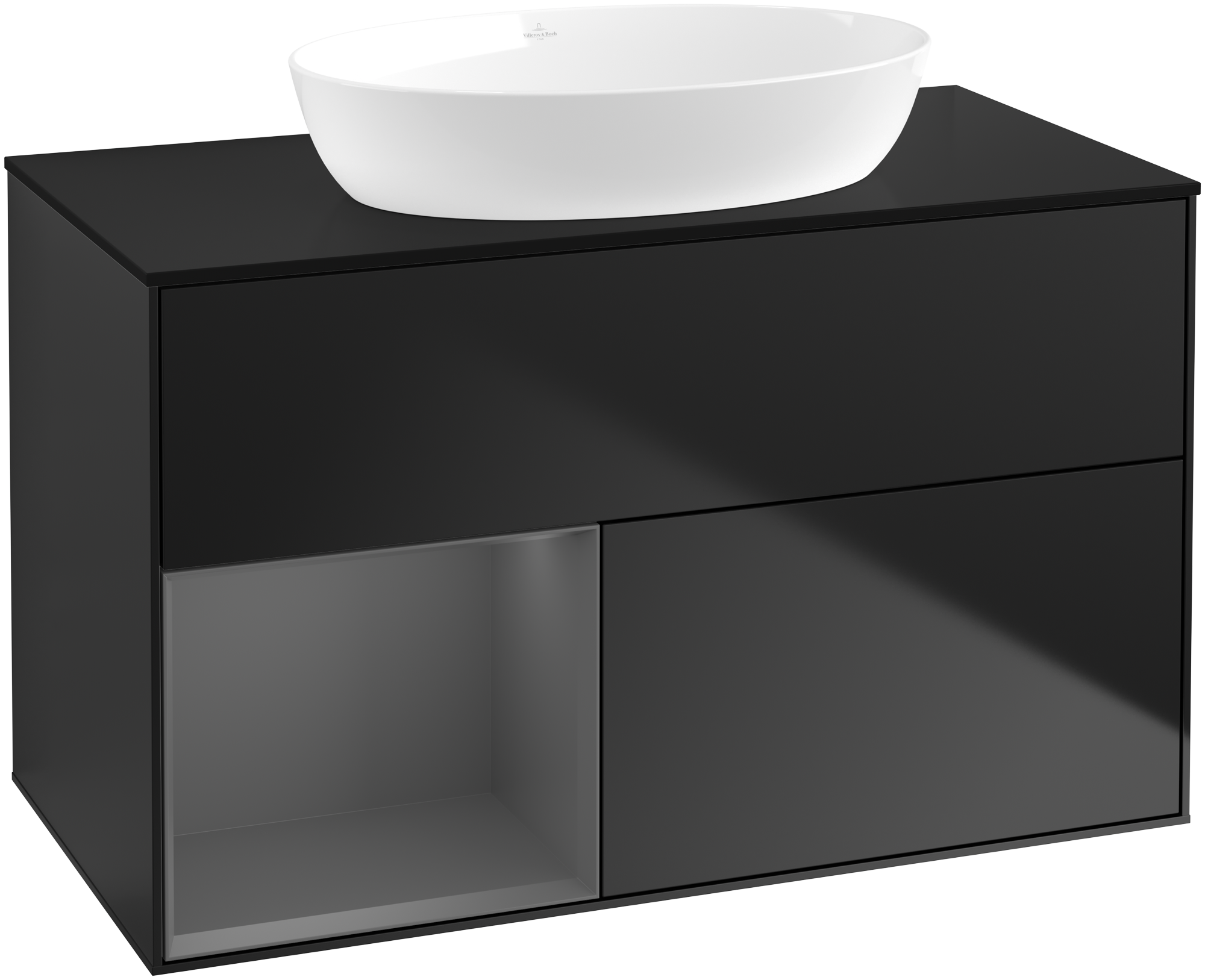 Villeroy & Boch Finion Vanity unit, with lighting, 2 pull-out compartments, 1000x603x501mm, Body: Black Matt Lacquer, Front: Black Matt Lacquer, Shelf: Anthracite Matt Lacquer, Cover plate: Glass Black Matt
