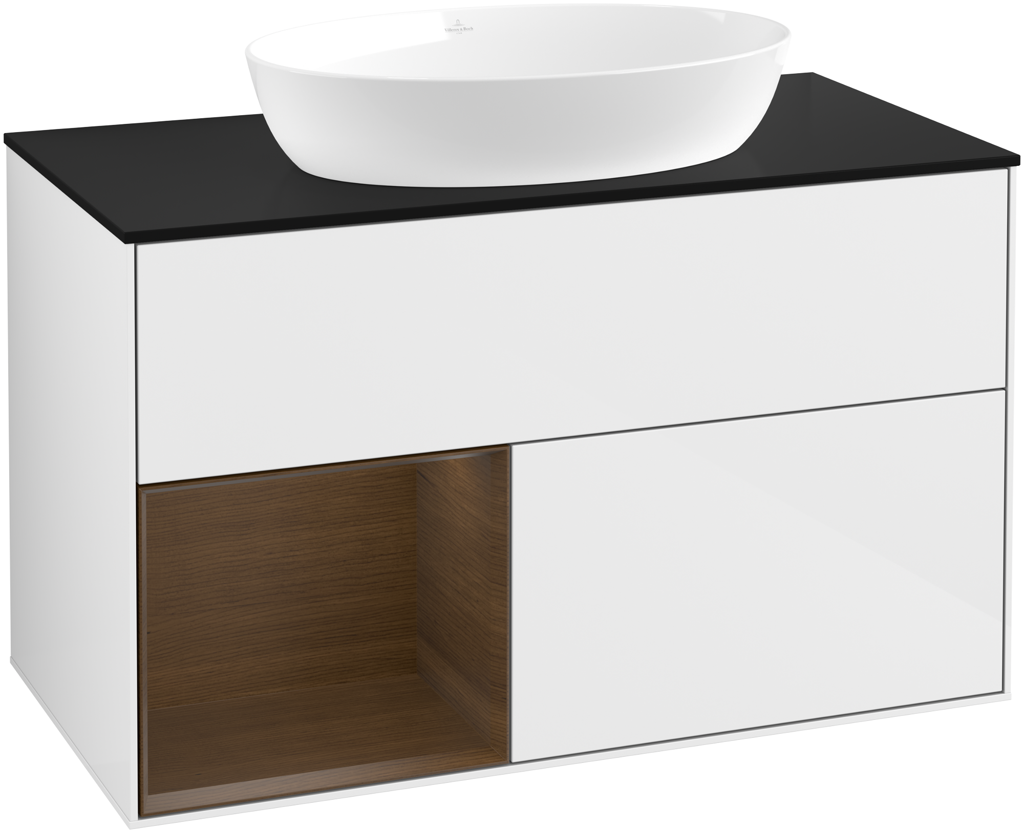Villeroy & Boch Finion Vanity unit, with lighting, 2 pull-out compartments, 1000x603x501mm, Body: Glossy White Lacquer, Front: Glossy White Lacquer, Shelf: Walnut Veneer, Cover plate: Glass Black Matt