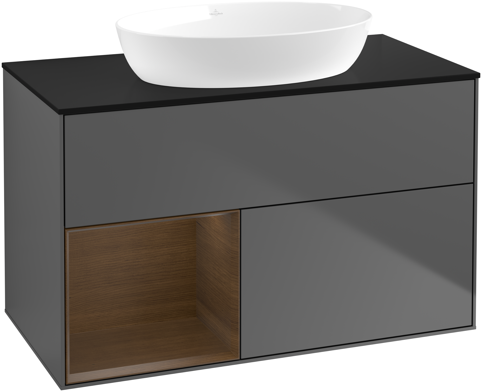 Villeroy & Boch Finion Vanity unit, with lighting, 2 pull-out compartments, 1000x603x501mm, Body: Anthracite Matt Lacquer, Front: Anthracite Matt Lacquer, Shelf: Walnut Veneer, Cover plate: Glass Black Matt