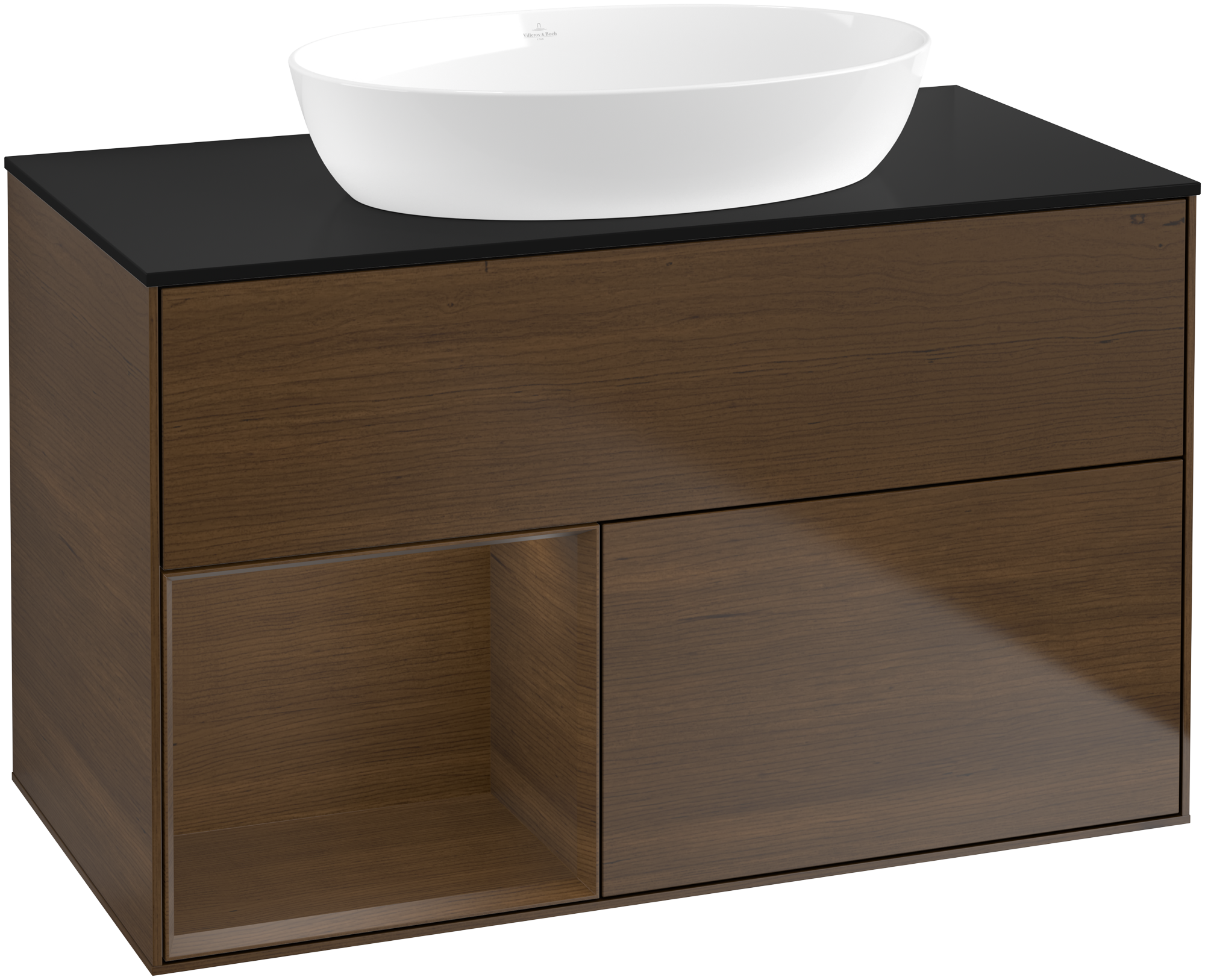 Villeroy & Boch Finion Vanity unit, with lighting, 2 pull-out compartments, 1000x603x501mm, Body: Walnut Veneer, Front: Walnut Veneer, Shelf: Walnut Veneer, Cover plate: Glass Black Matt