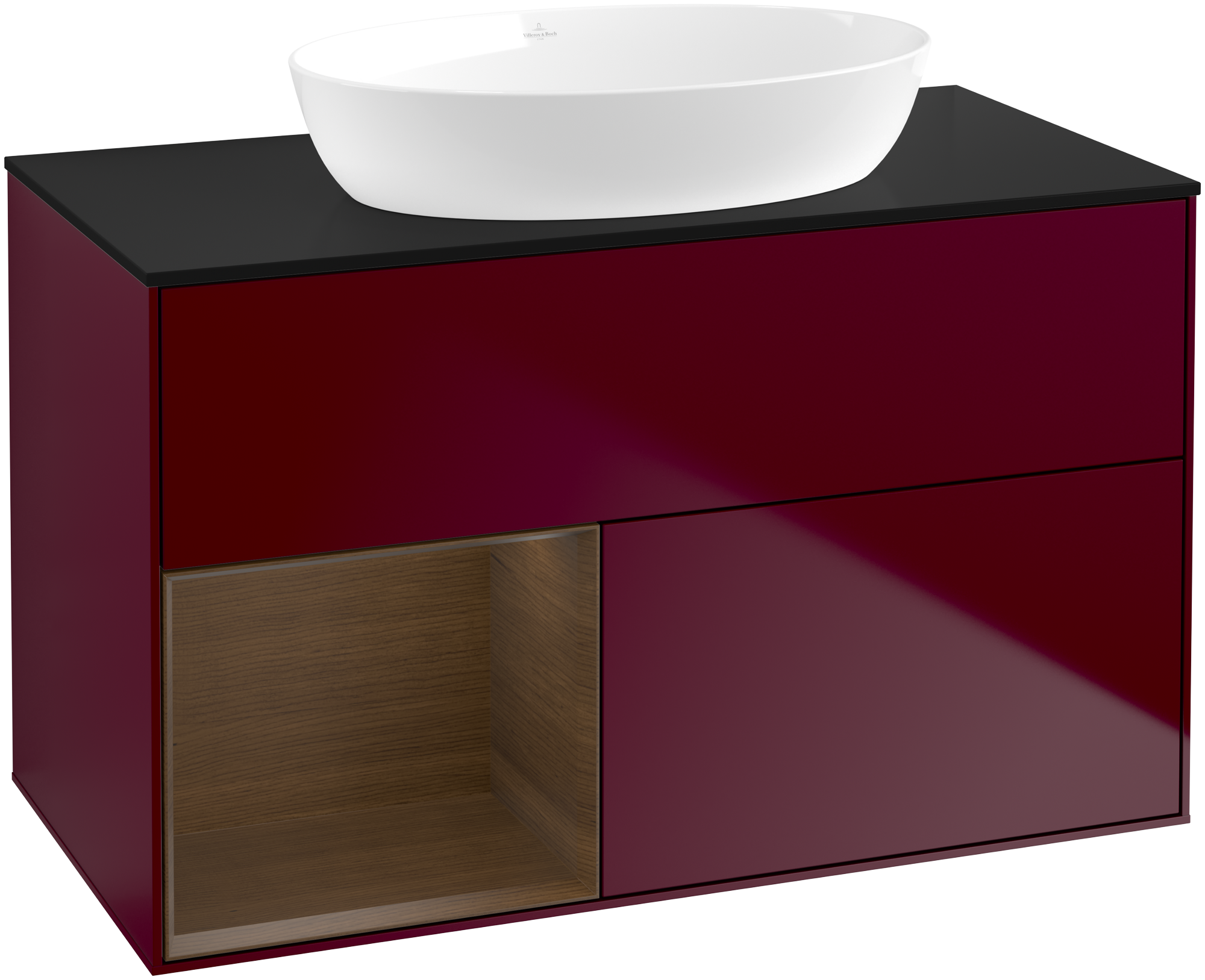Villeroy & Boch Finion Vanity unit, with lighting, 2 pull-out compartments, 1000x603x501mm, Body: Peony Matt Lacquer, Front: Peony Matt Lacquer, Shelf: Walnut Veneer, Cover plate: Glass Black Matt