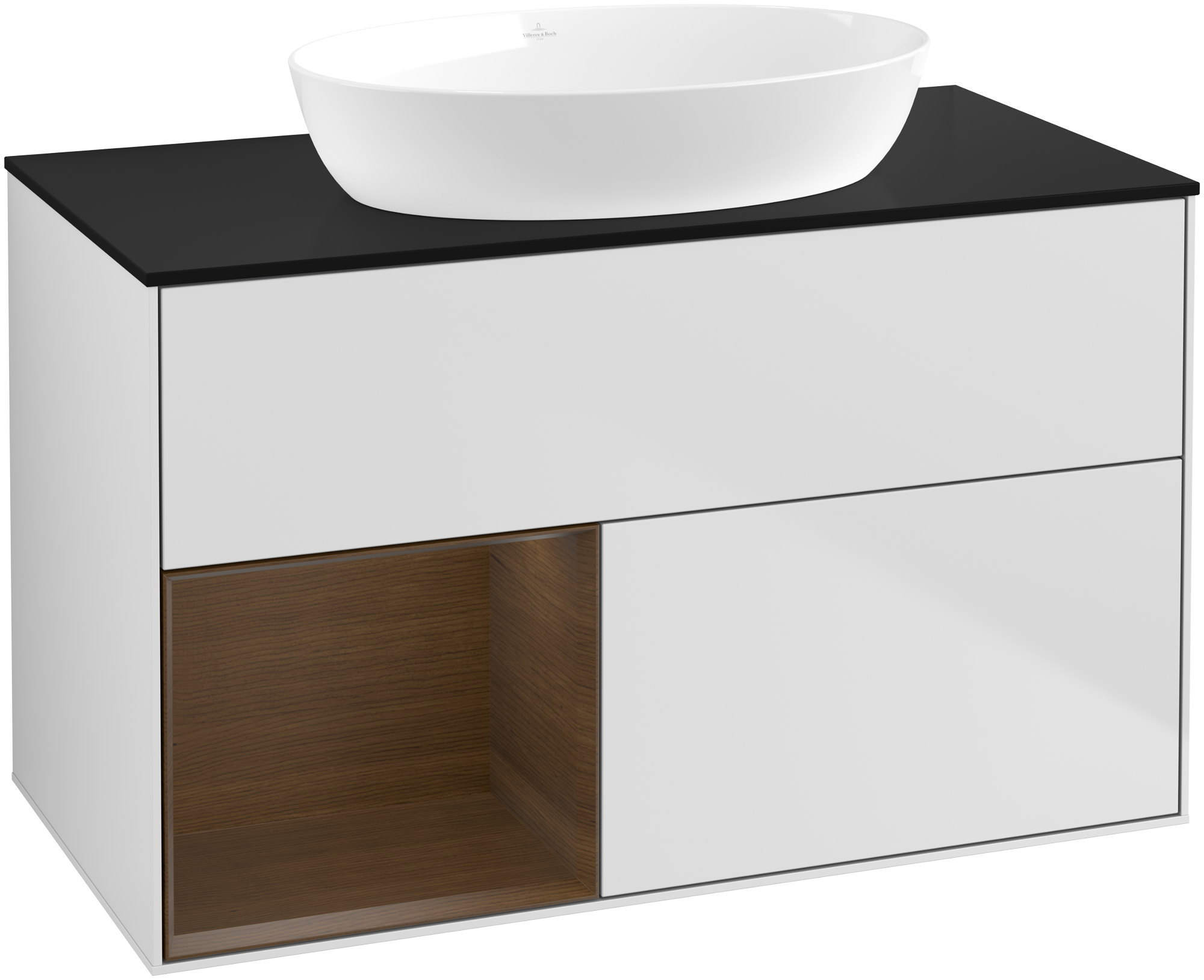 Villeroy & Boch Finion Vanity unit, with lighting, 2 pull-out compartments, 1000x603x501mm, Body: White Matt Lacquer, Front: White Matt Lacquer, Shelf: Walnut Veneer, Cover plate: Glass Black Matt