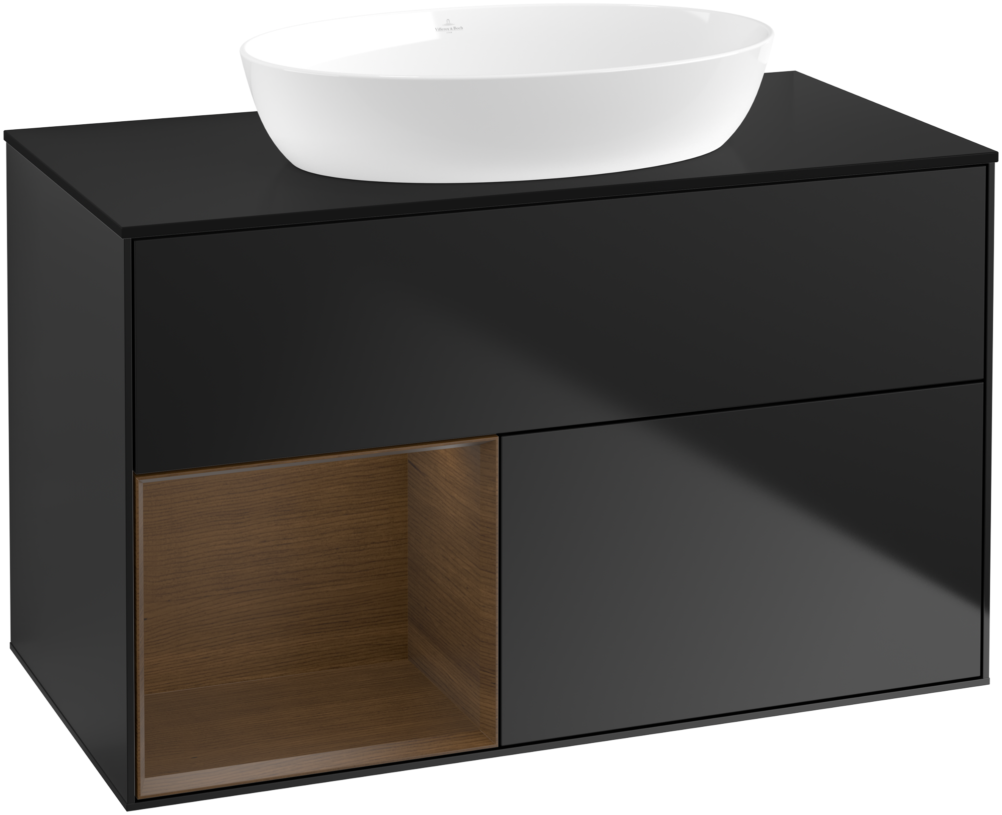 Villeroy & Boch Finion Vanity unit, with lighting, 2 pull-out compartments, 1000x603x501mm, Body: Black Matt Lacquer, Front: Black Matt Lacquer, Shelf: Walnut Veneer, Cover plate: Glass Black Matt
