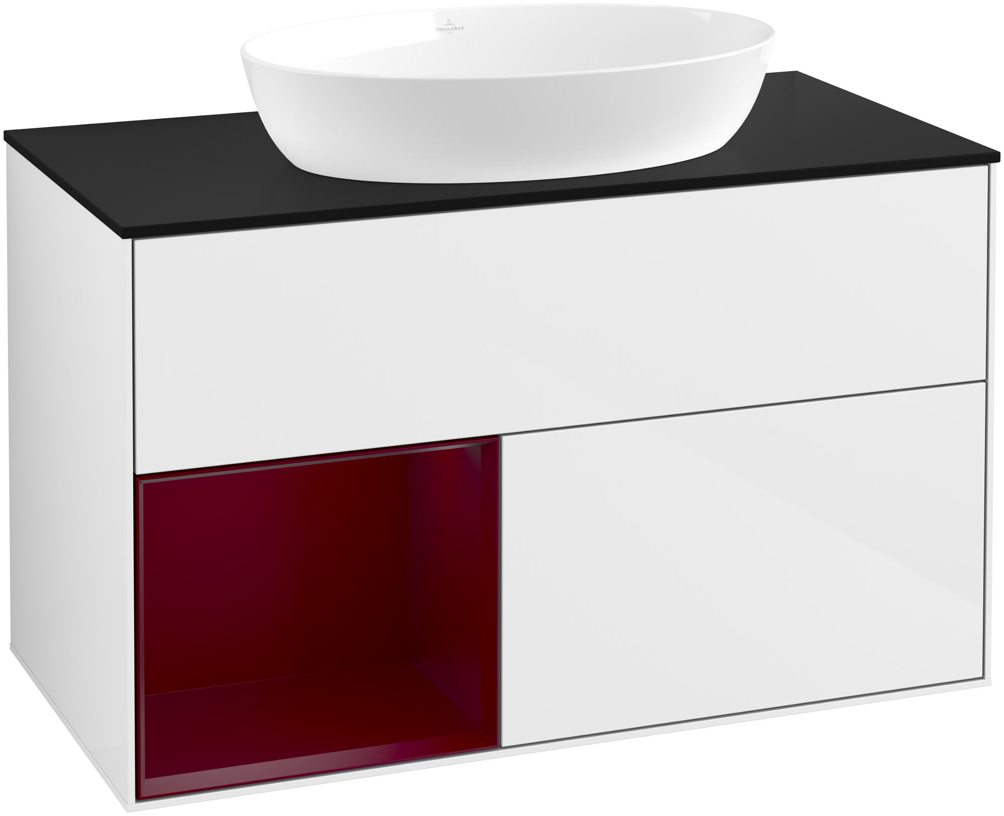 Villeroy & Boch Finion Vanity unit, with lighting, 2 pull-out compartments, 1000x603x501mm, Body: Glossy White Lacquer, Front: Glossy White Lacquer, Shelf: Peony Matt Lacquer, Cover plate: Glass Black Matt