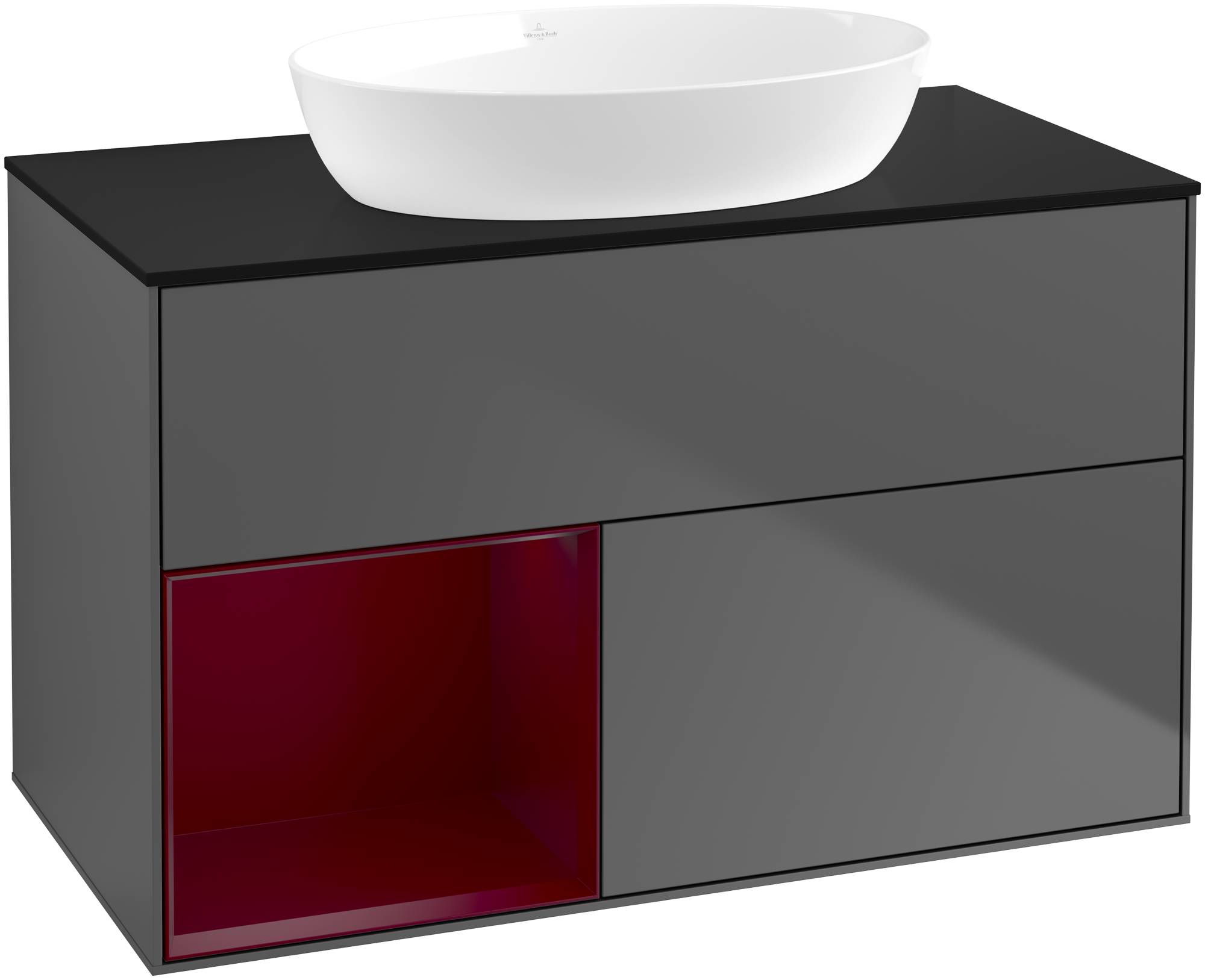 Villeroy & Boch Finion Vanity unit, with lighting, 2 pull-out compartments, 1000x603x501mm, Body: Anthracite Matt Lacquer, Front: Anthracite Matt Lacquer, Shelf: Peony Matt Lacquer, Cover plate: Glass Black Matt