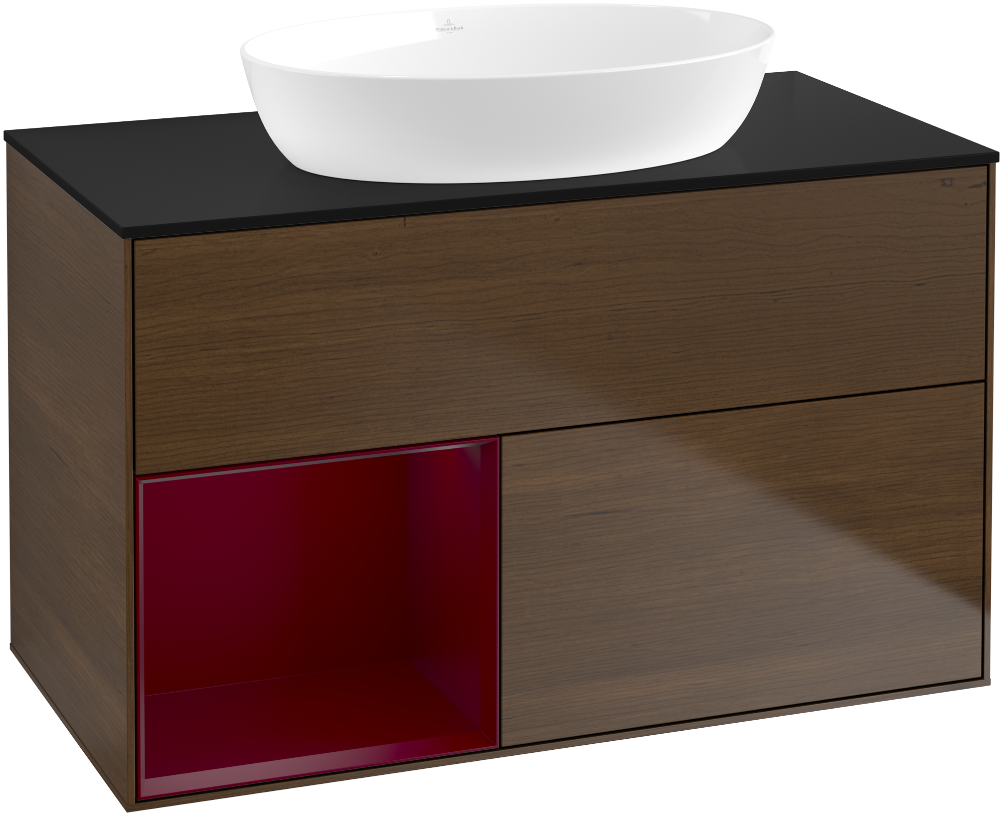 Villeroy & Boch Finion Vanity unit, with lighting, 2 pull-out compartments, 1000x603x501mm, Body: Walnut Veneer, Front: Walnut Veneer, Shelf: Peony Matt Lacquer, Cover plate: Glass Black Matt