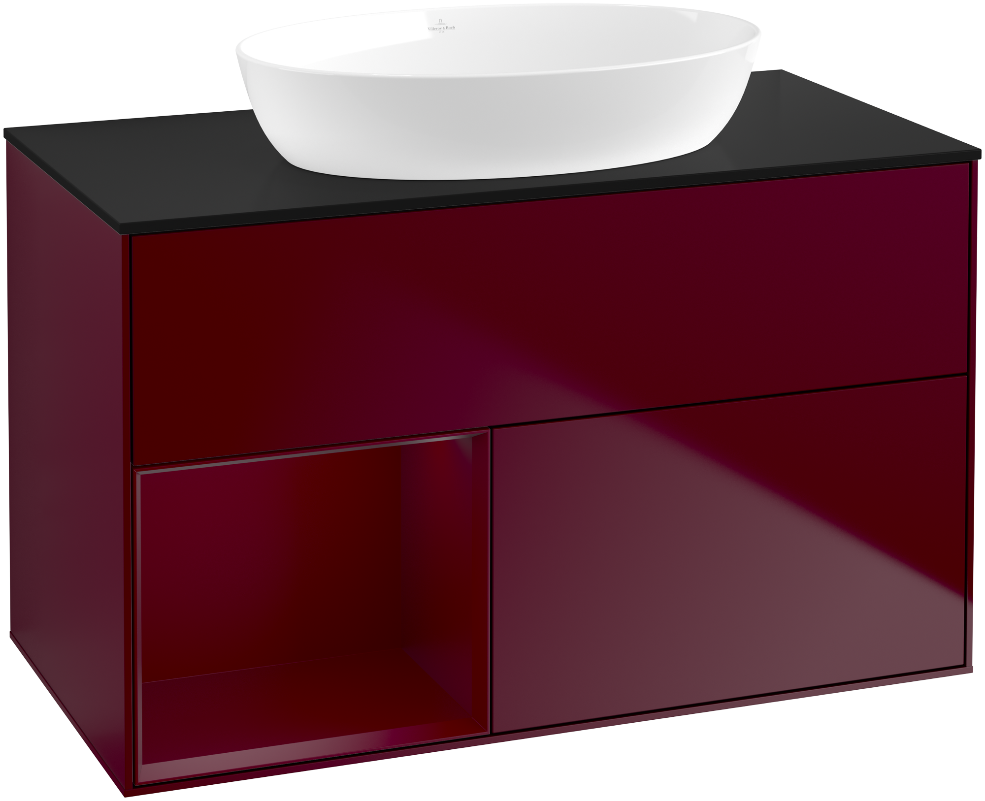 Villeroy & Boch Finion Vanity unit, with lighting, 2 pull-out compartments, 1000x603x501mm, Body: Peony Matt Lacquer, Front: Peony Matt Lacquer, Shelf: Peony Matt Lacquer, Cover plate: Glass Black Matt