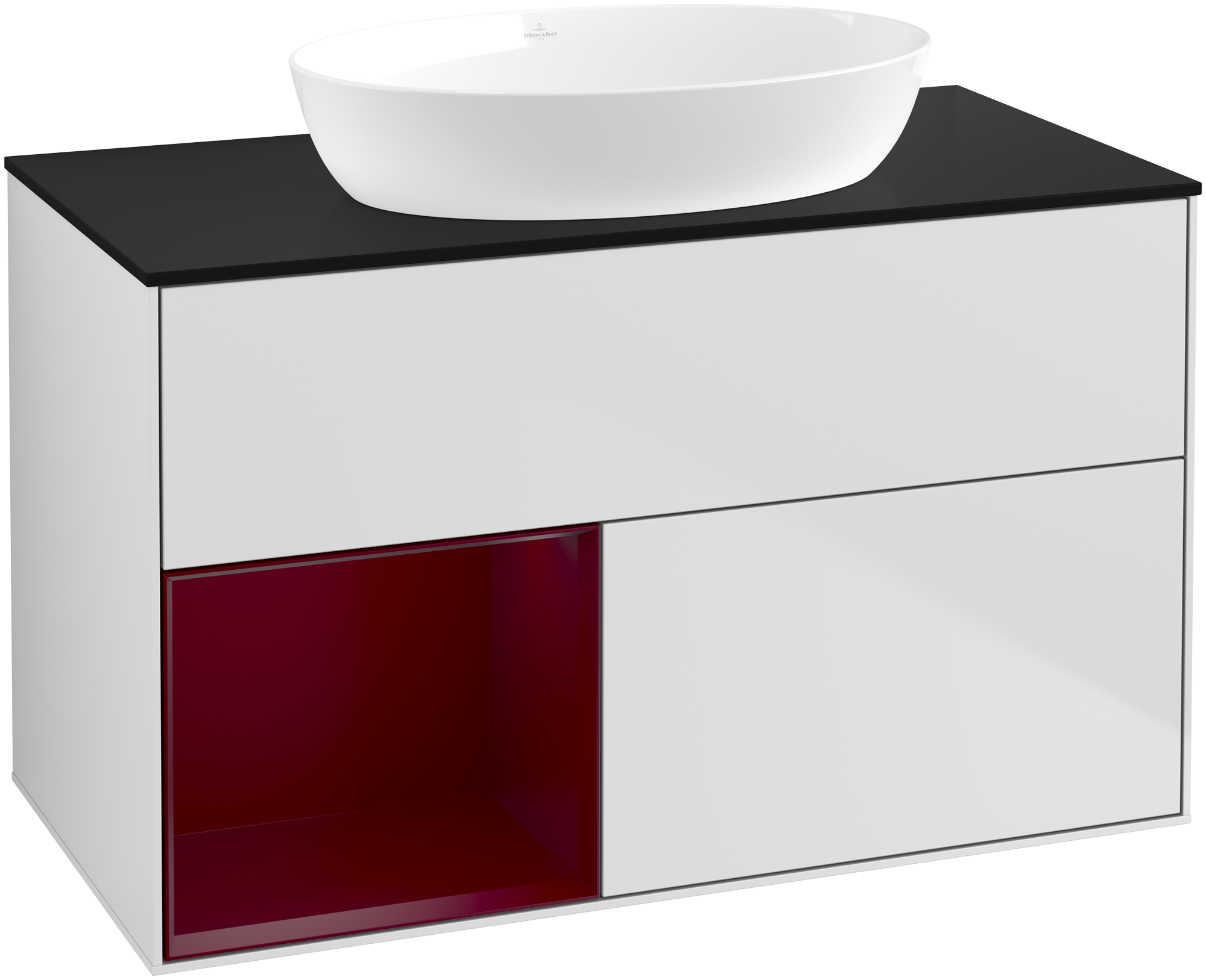 Villeroy & Boch Finion Vanity unit, with lighting, 2 pull-out compartments, 1000x603x501mm, Body: White Matt Lacquer, Front: White Matt Lacquer, Shelf: Peony Matt Lacquer, Cover plate: Glass Black Matt