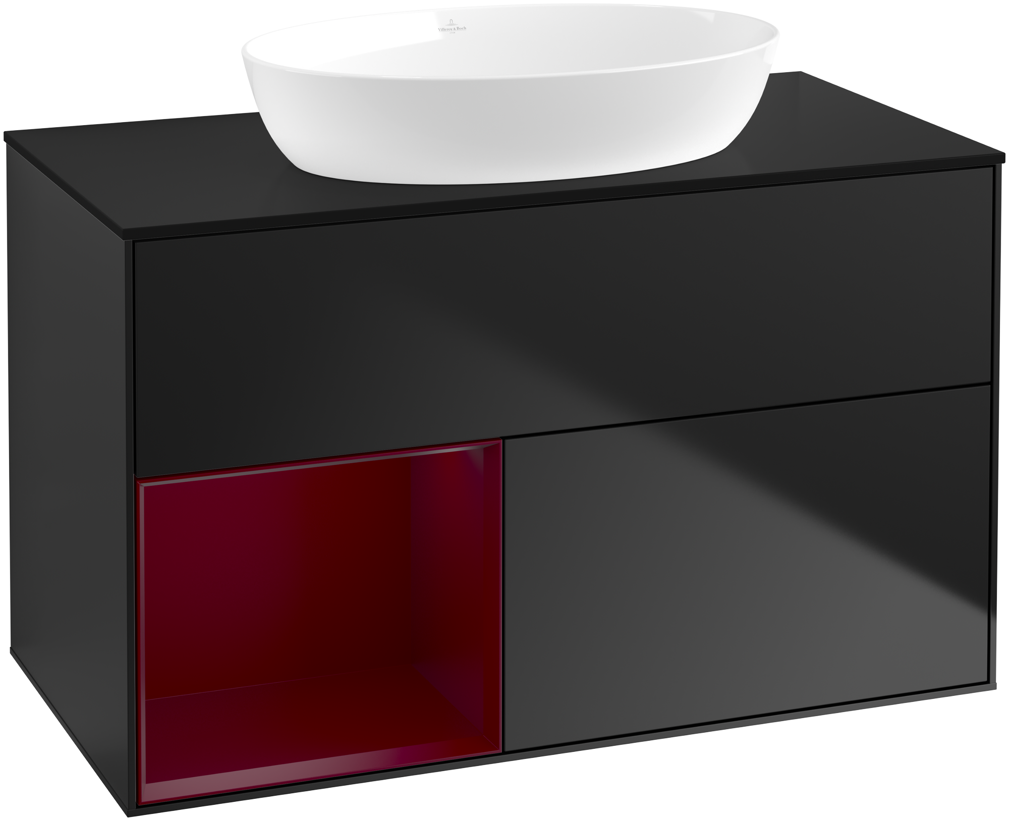 Villeroy & Boch Finion Vanity unit, with lighting, 2 pull-out compartments, 1000x603x501mm, Body: Black Matt Lacquer, Front: Black Matt Lacquer, Shelf: Peony Matt Lacquer, Cover plate: Glass Black Matt