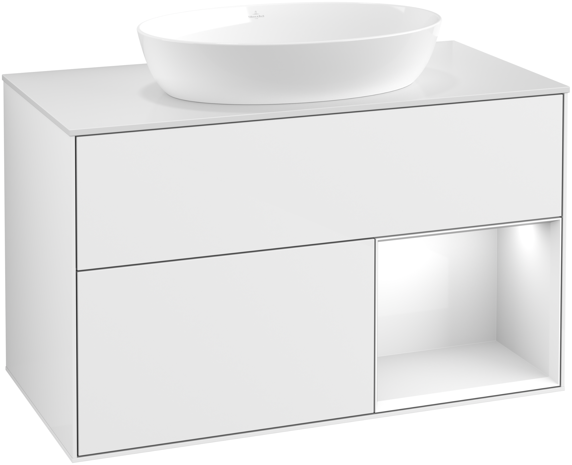 Villeroy & Boch Finion Waschbeckenunterschrank, mit Beleuchtung, 2 Auszüge, 1000x603x501mm, Korpus: Glossy White Lacquer, Front: Glossy White Lacquer, Regalelement: Glossy White Lacquer, Abdeckplatte: Glass White Matt