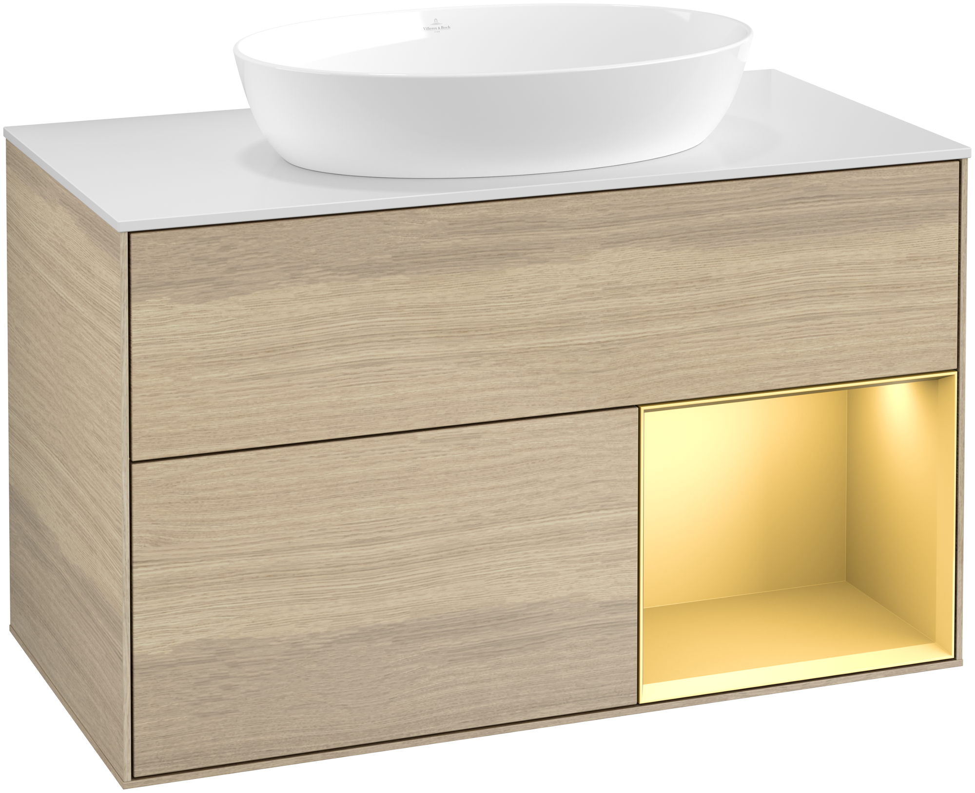 Villeroy & Boch Finion Wastafelonderkast, met verlichting, 2 uittrekladen, 1000x603x501mm, Corpus: Oak Veneer, Front: Oak Veneer, Rekelement: Gold Matt Lacquer, Afdekplaat: Glass White Matt