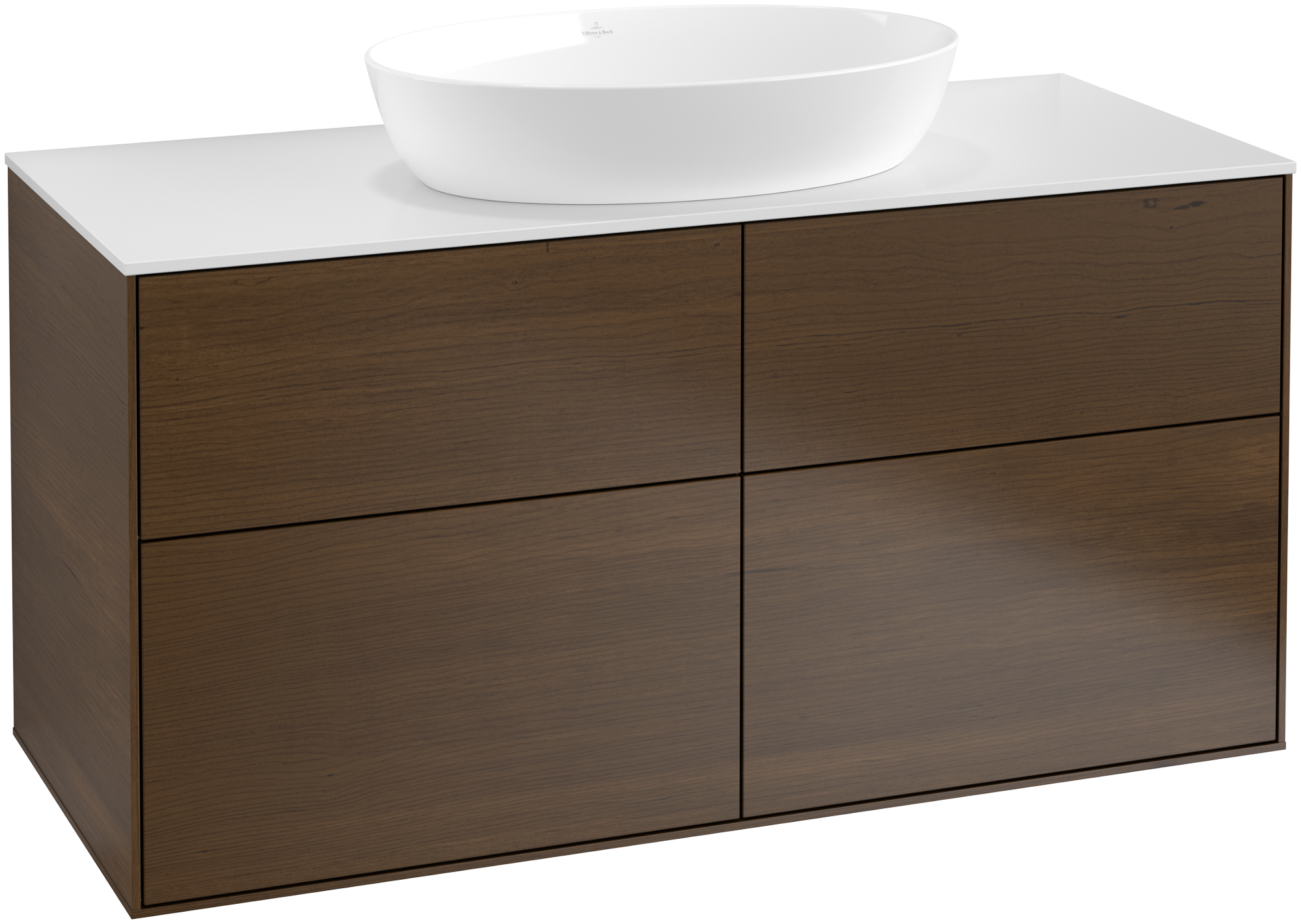 Villeroy & Boch Finion Skåp till tvättställ, 4 utdragbara fack, 1200x603x501mm, Kropp: Walnut Veneer, Framsida: Walnut Veneer, Täckplatta: Glass White Matt