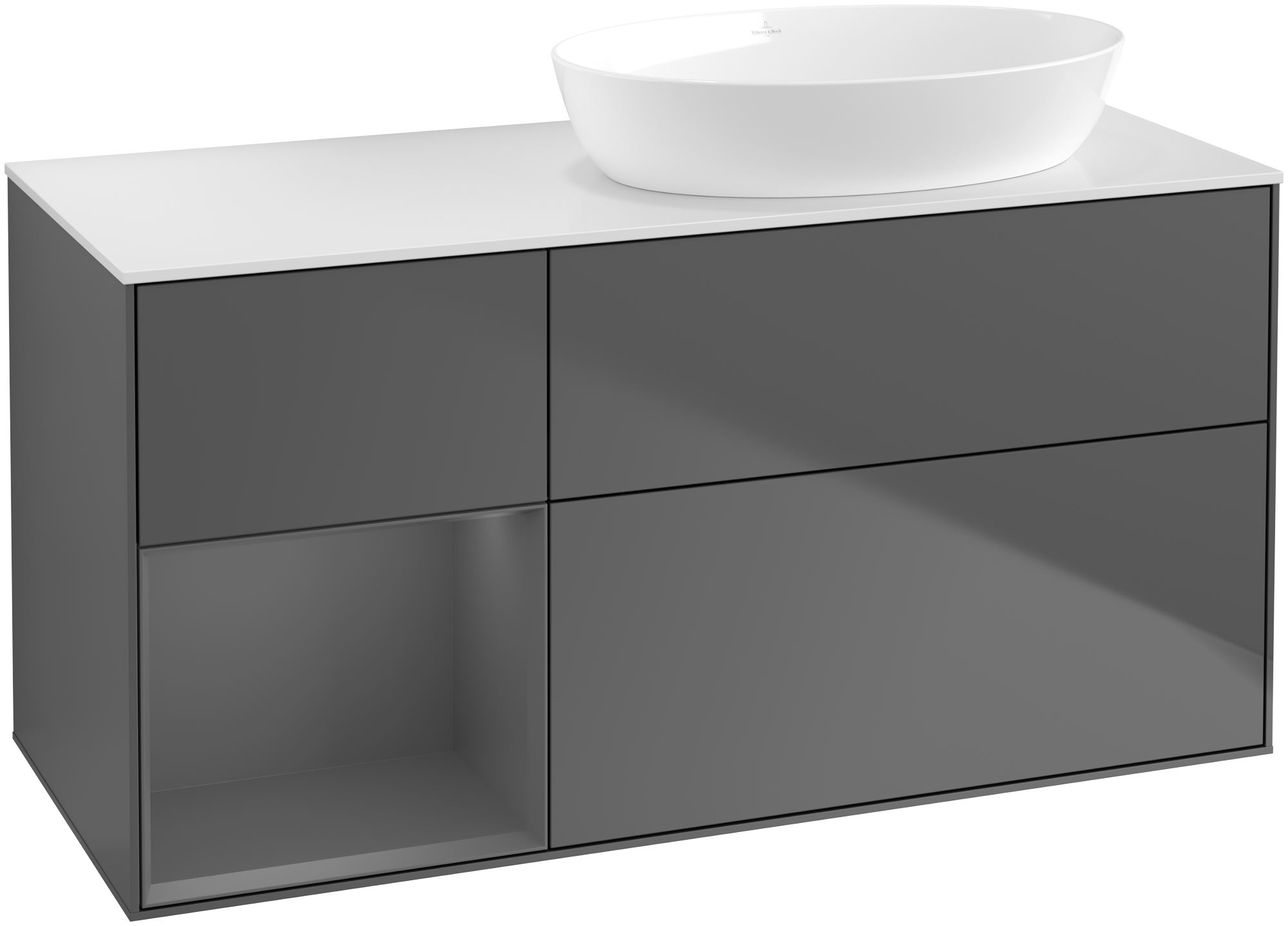Villeroy & Boch Finion Waschbeckenunterschrank, mit Beleuchtung, 3 Auszüge, 1200x603x501mm, Korpus: Anthracite Matt Lacquer, Front: Anthracite Matt Lacquer, Regalelement: Anthracite Matt Lacquer, Abdeckplatte: Glass White Matt