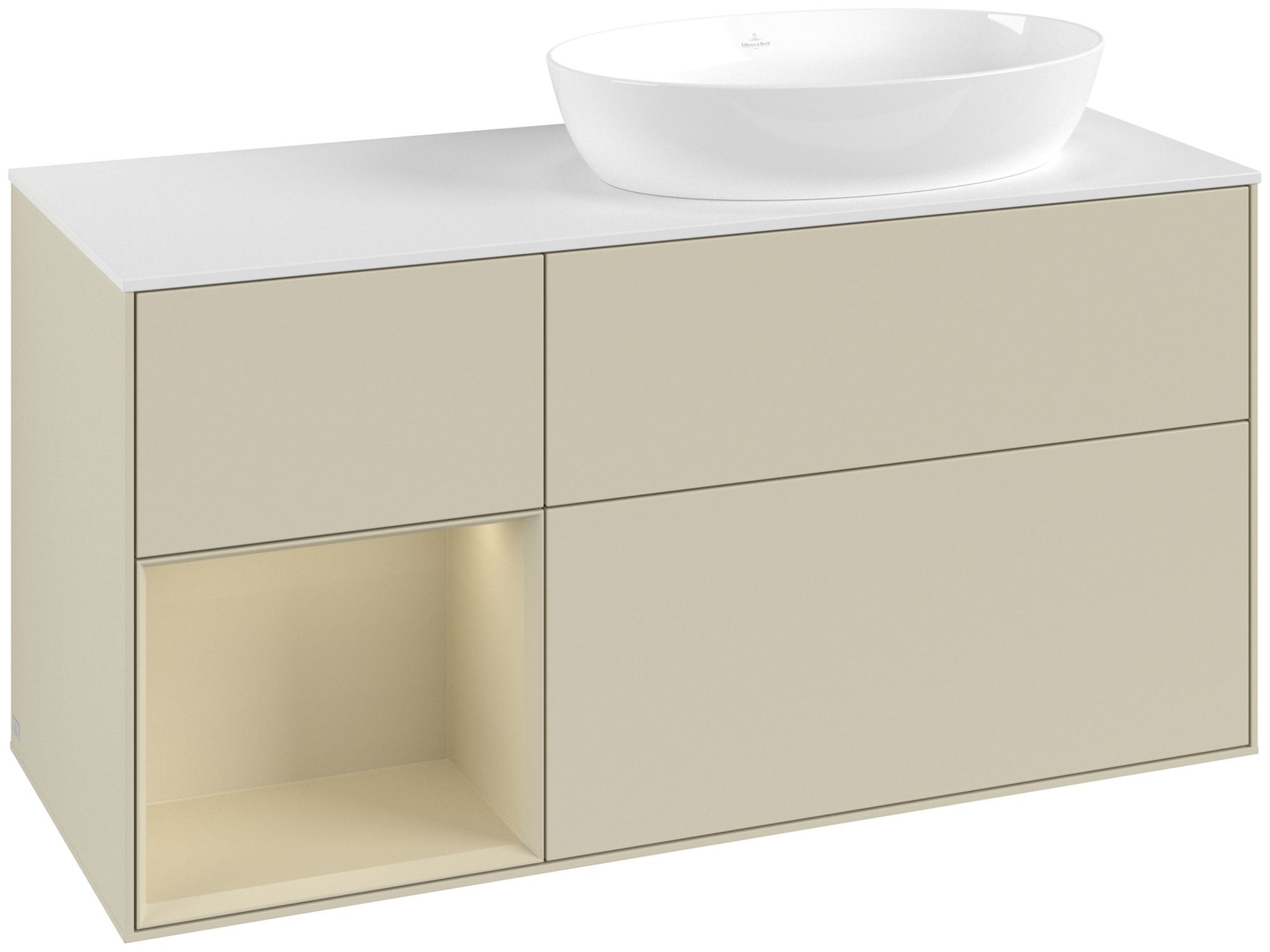 Villeroy & Boch Finion Waschbeckenunterschrank, mit Beleuchtung, 3 Auszüge, 1200x603x501mm, Korpus: Silk Grey Matt Lacquer, Front: Silk Grey Matt Lacquer, Regalelement: Silk Grey Matt Lacquer, Abdeckplatte: Glass White Matt