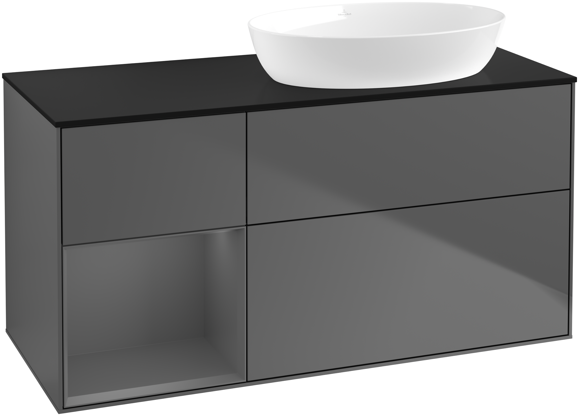 Villeroy & Boch Finion Vanity unit, with lighting, 3 pull-out compartments, 1200x603x501mm, Body: Anthracite Matt Lacquer, Front: Anthracite Matt Lacquer, Shelf: Anthracite Matt Lacquer, Cover plate: Glass Black Matt