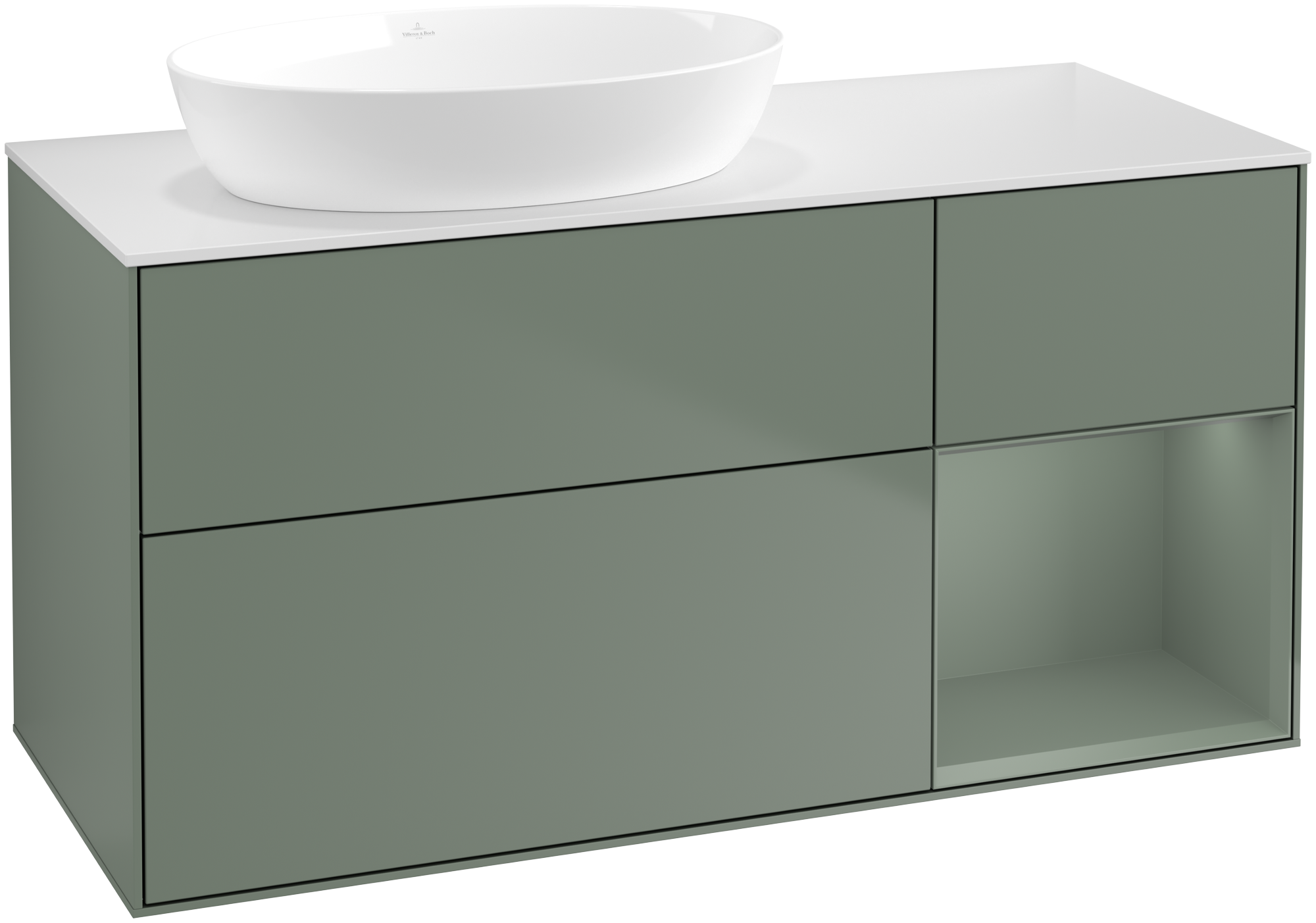 Villeroy & Boch Finion Vanity unit, with lighting, 3 pull-out compartments, 1200x603x501mm, Body: Olive Matt Lacquer, Front: Olive Matt Lacquer, Shelf: Olive Matt Lacquer, Cover plate: Glass White Matt