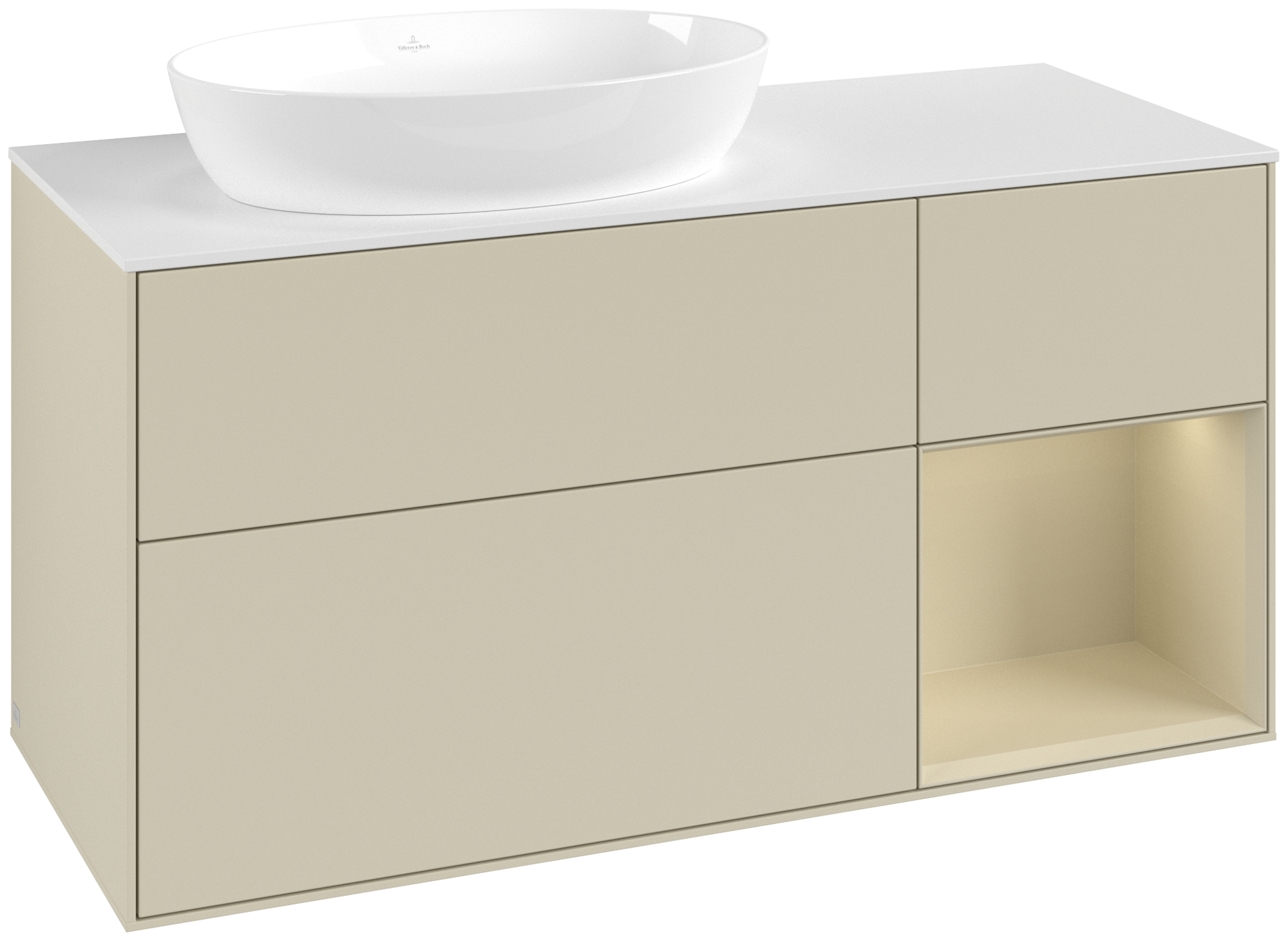 Villeroy & Boch Finion Waschbeckenunterschrank, mit Beleuchtung, 3 Auszüge, 1200x603x501mm, Korpus: Silk Grey Matt Lacquer, Front: Silk Grey Matt Lacquer, Regalelement: Silk Grey Matt Lacquer, Abdeckplatte: Glass White Matt