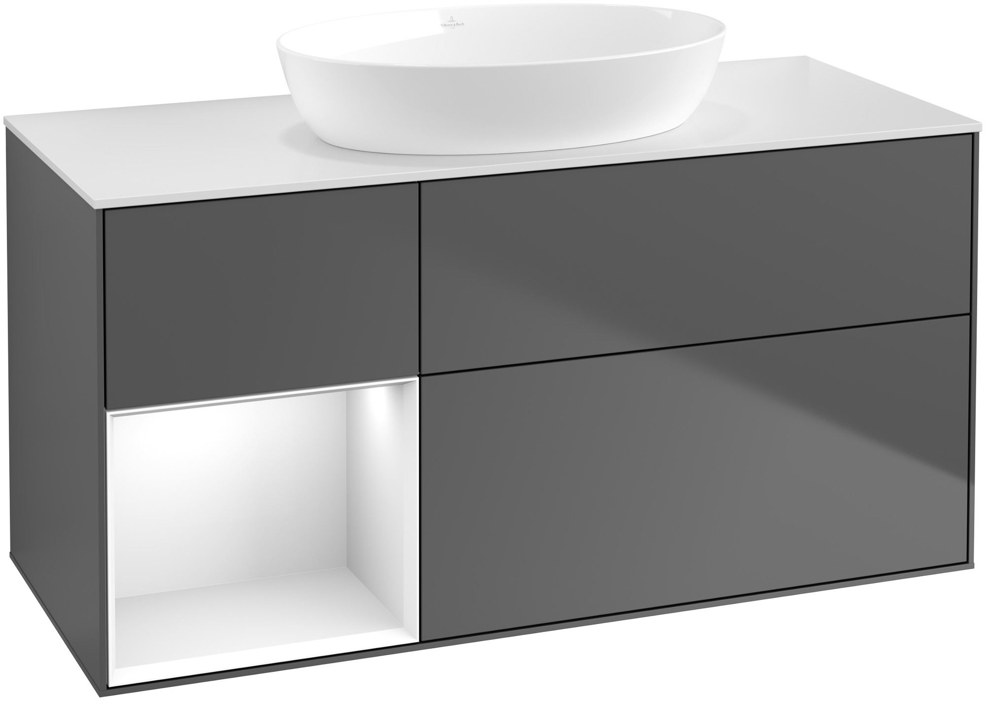 Villeroy & Boch Finion Waschbeckenunterschrank, mit Beleuchtung, 3 Auszüge, 1200x603x501mm, Korpus: Anthracite Matt Lacquer, Front: Anthracite Matt Lacquer, Regalelement: Glossy White Lacquer, Abdeckplatte: Glass White Matt