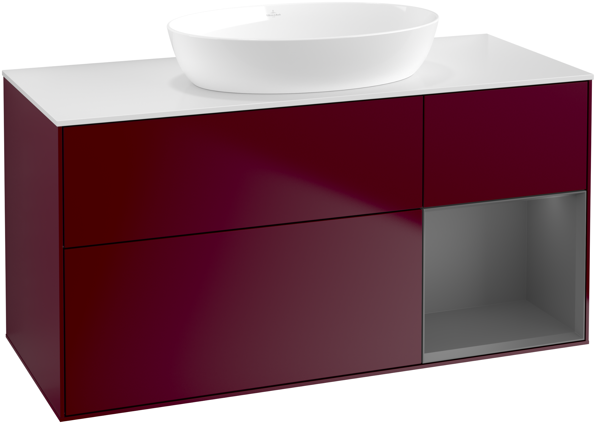 Villeroy & Boch Finion Meuble sous plan, avec éclairage, 3 tiroirs sur rails, 1200x603x501mm, Caisson: Peony Matt Lacquer, Façade: Peony Matt Lacquer, Élément d’étagère: Anthracite Matt Lacquer, Plaque de recouvrement: Glass White Matt