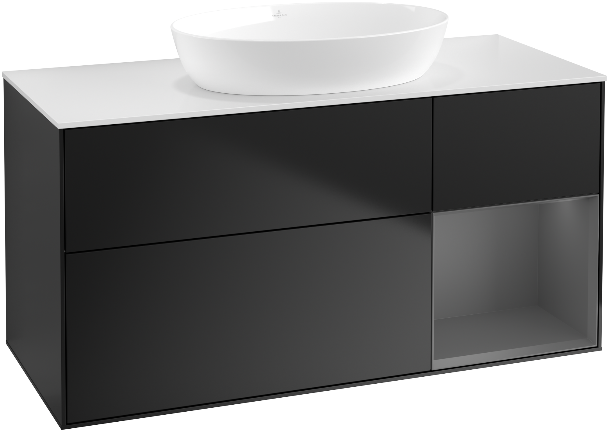 Villeroy & Boch Finion Meuble sous plan, avec éclairage, 3 tiroirs sur rails, 1200x603x501mm, Caisson: Black Matt Lacquer, Façade: Black Matt Lacquer, Élément d’étagère: Anthracite Matt Lacquer, Plaque de recouvrement: Glass White Matt
