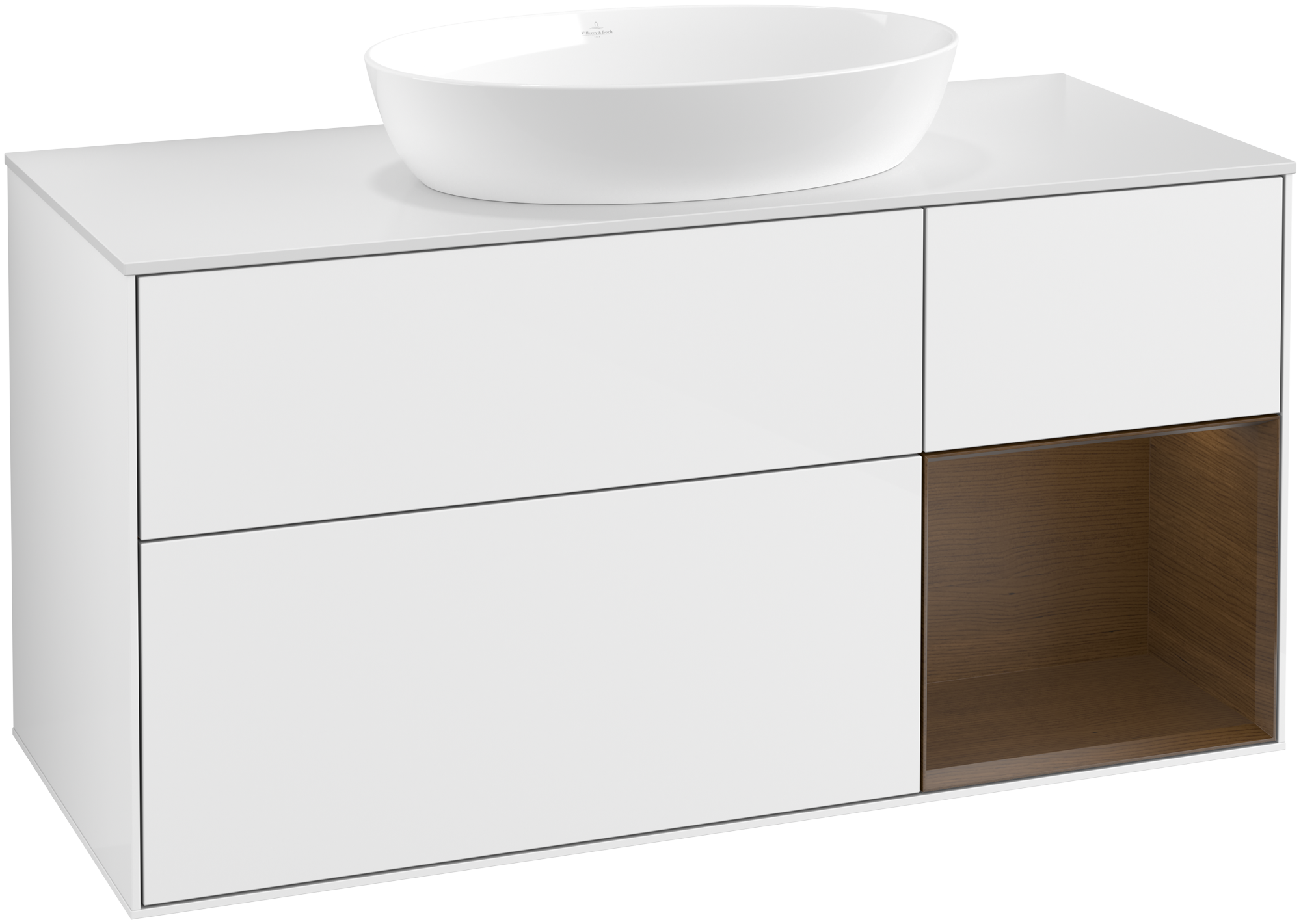 Villeroy & Boch Finion Meuble sous plan, avec éclairage, 3 tiroirs sur rails, 1200x603x501mm, Caisson: Glossy White Lacquer, Façade: Glossy White Lacquer, Élément d’étagère: Walnut Veneer, Plaque de recouvrement: Glass White Matt
