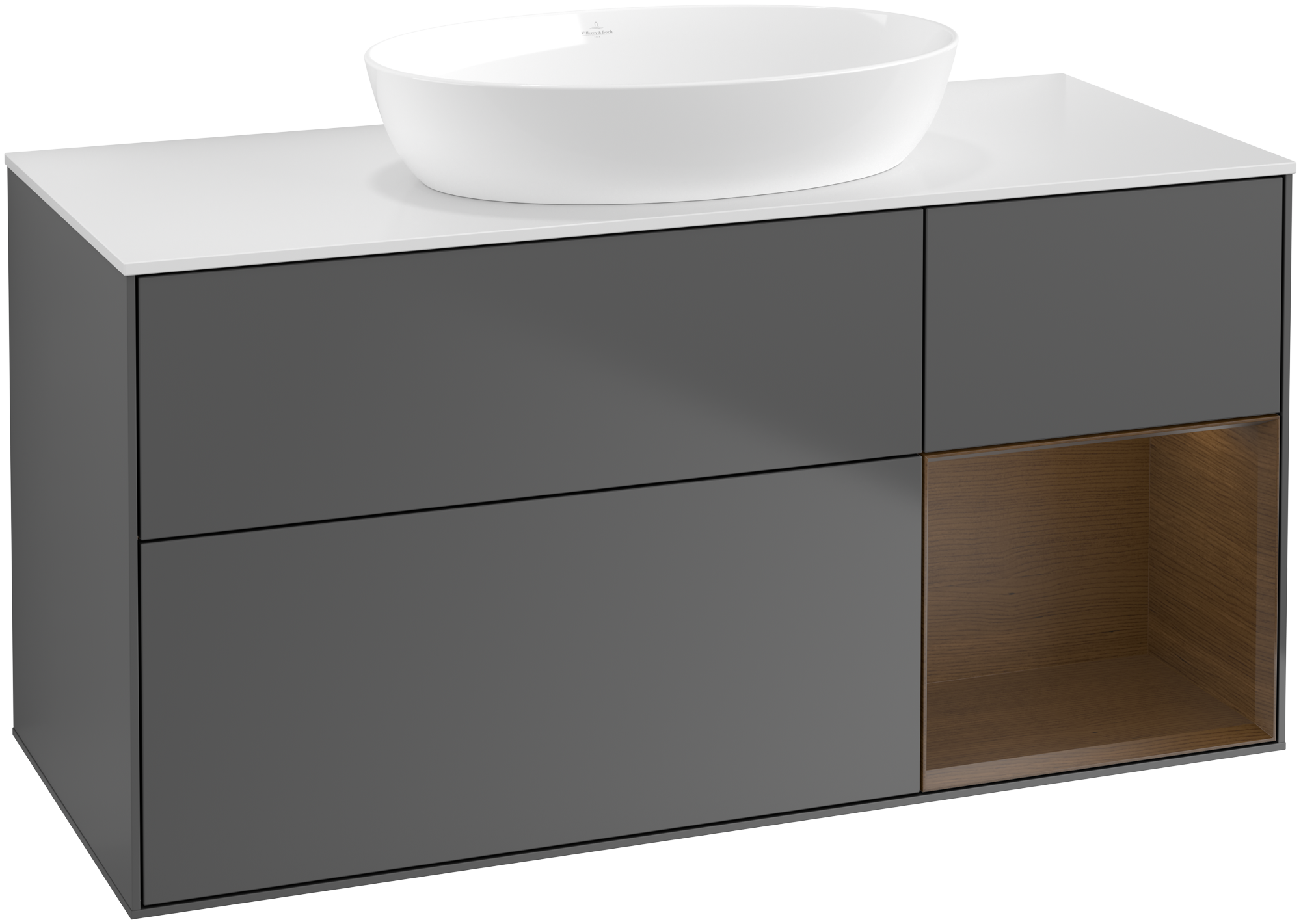 Villeroy & Boch Finion Meuble sous plan, avec éclairage, 3 tiroirs sur rails, 1200x603x501mm, Caisson: Anthracite Matt Lacquer, Façade: Anthracite Matt Lacquer, Élément d’étagère: Walnut Veneer, Plaque de recouvrement: Glass White Matt