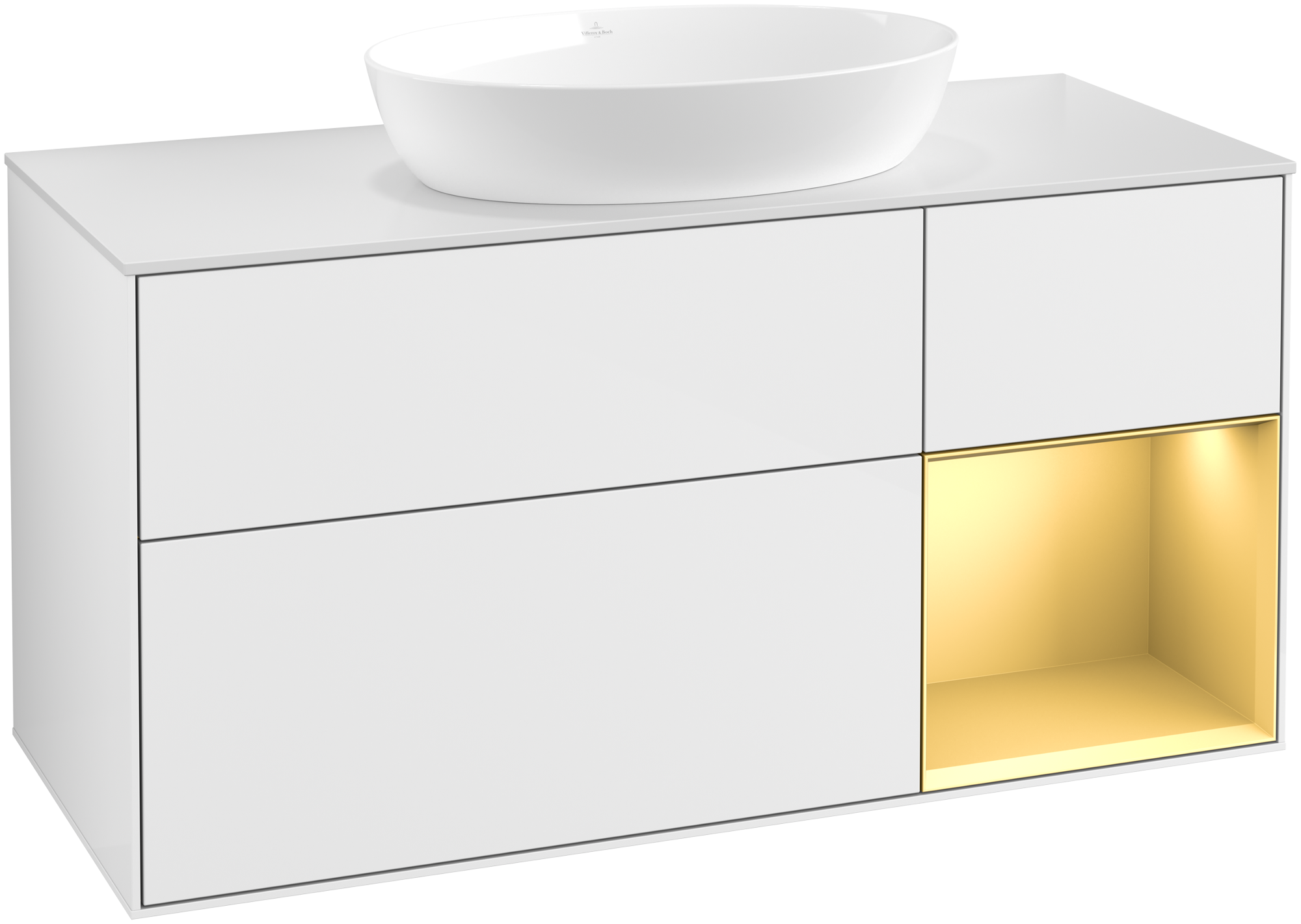 Villeroy & Boch Finion Waschbeckenunterschrank, mit Beleuchtung, 3 Auszüge, 1200x603x501mm, Korpus: Glossy White Lacquer, Front: Glossy White Lacquer, Regalelement: Gold Matt Lacquer, Abdeckplatte: Glass White Matt