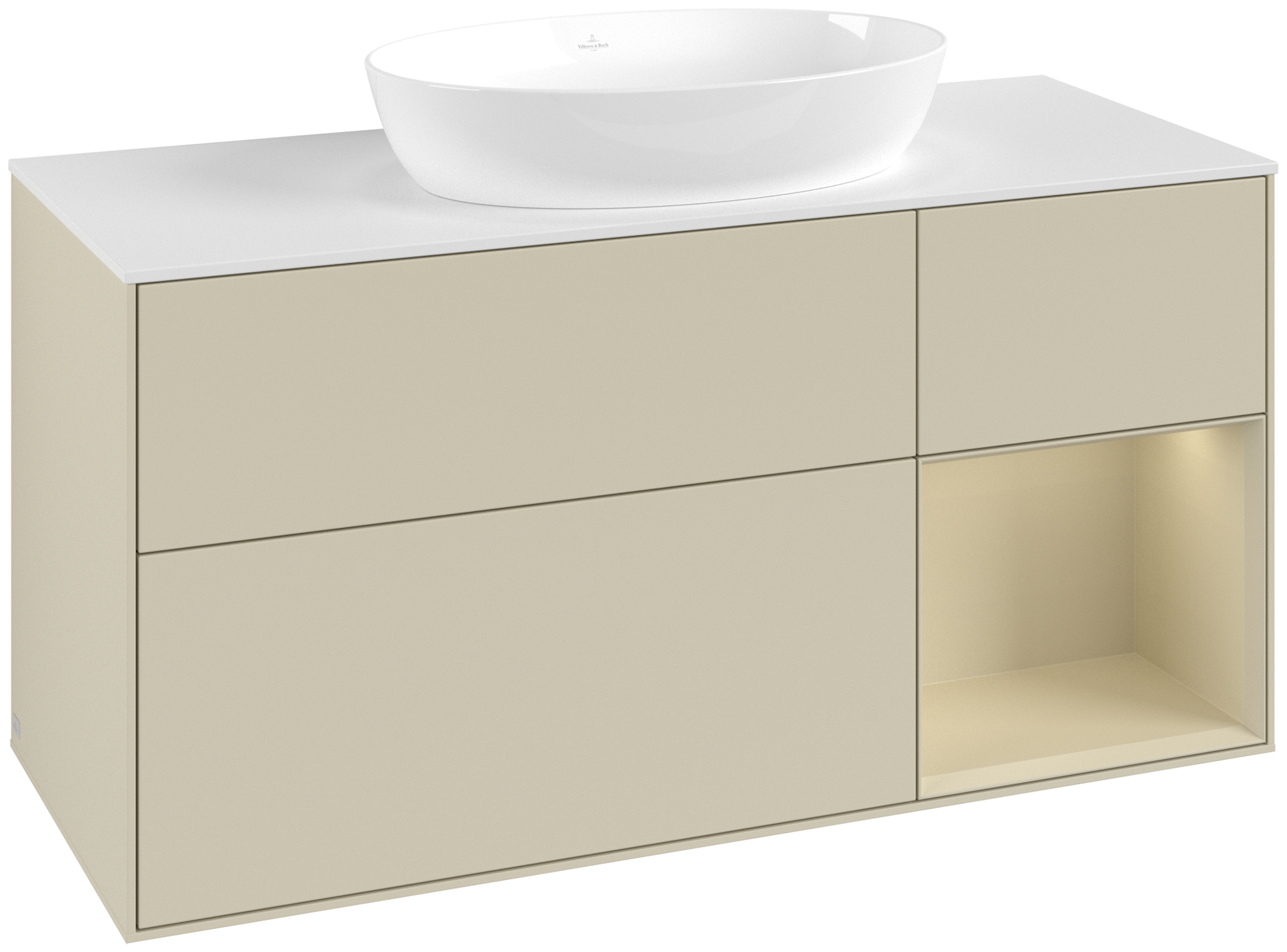 Villeroy & Boch Finion Waschbeckenunterschrank, mit Beleuchtung, 3 Auszüge, 1200x603x501mm, Korpus: Silk Grey Matt Lacquer, Front: Silk Grey Matt Lacquer, Regalelement: Silk Grey Matt Lacquer, Abdeckplatte: Glass White Matt