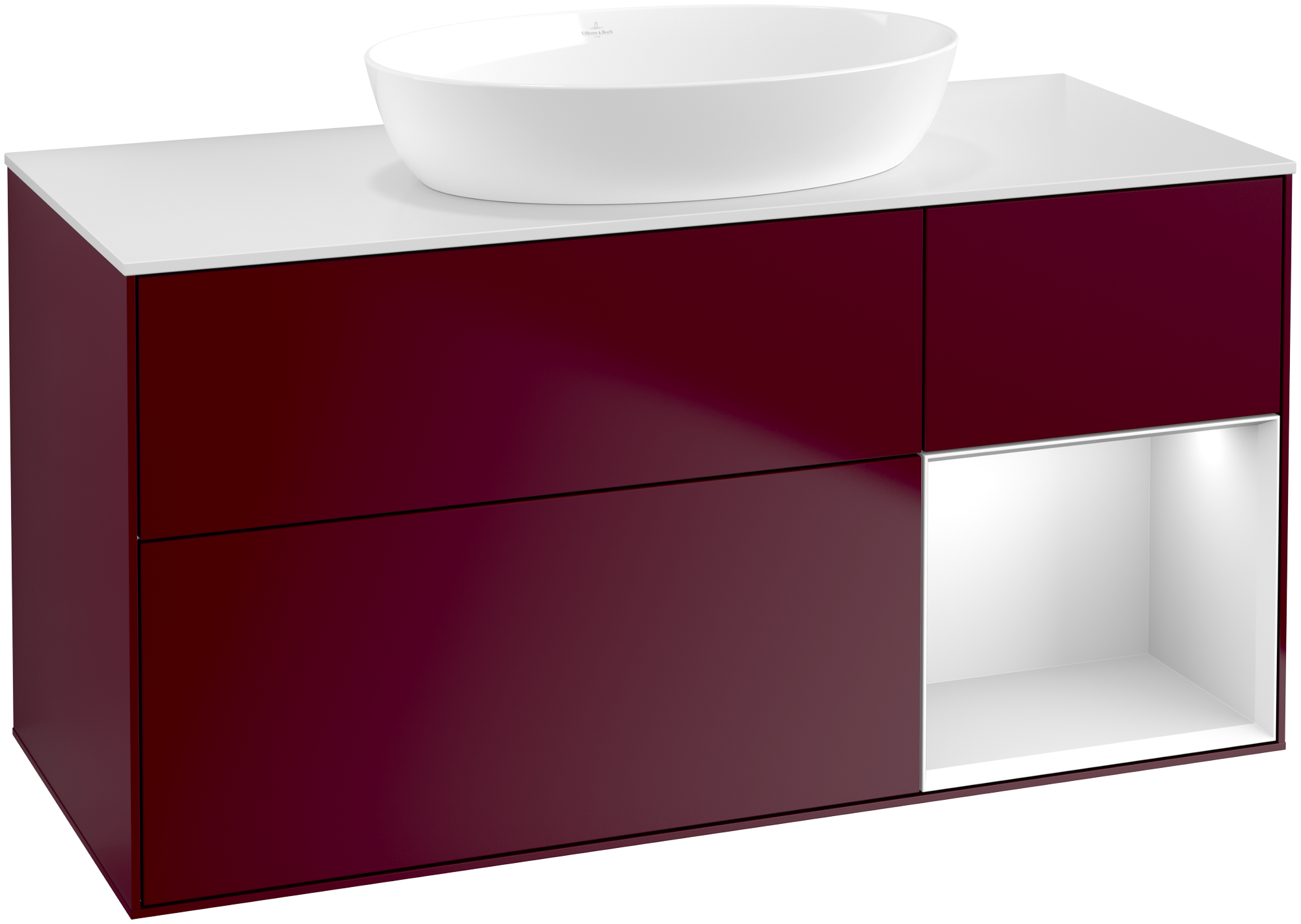 Villeroy & Boch Finion Vanity unit, with lighting, 3 pull-out compartments, 1200x603x501mm, Body: Peony Matt Lacquer, Front: Peony Matt Lacquer, Shelf: White Matt Lacquer, Cover plate: Glass White Matt