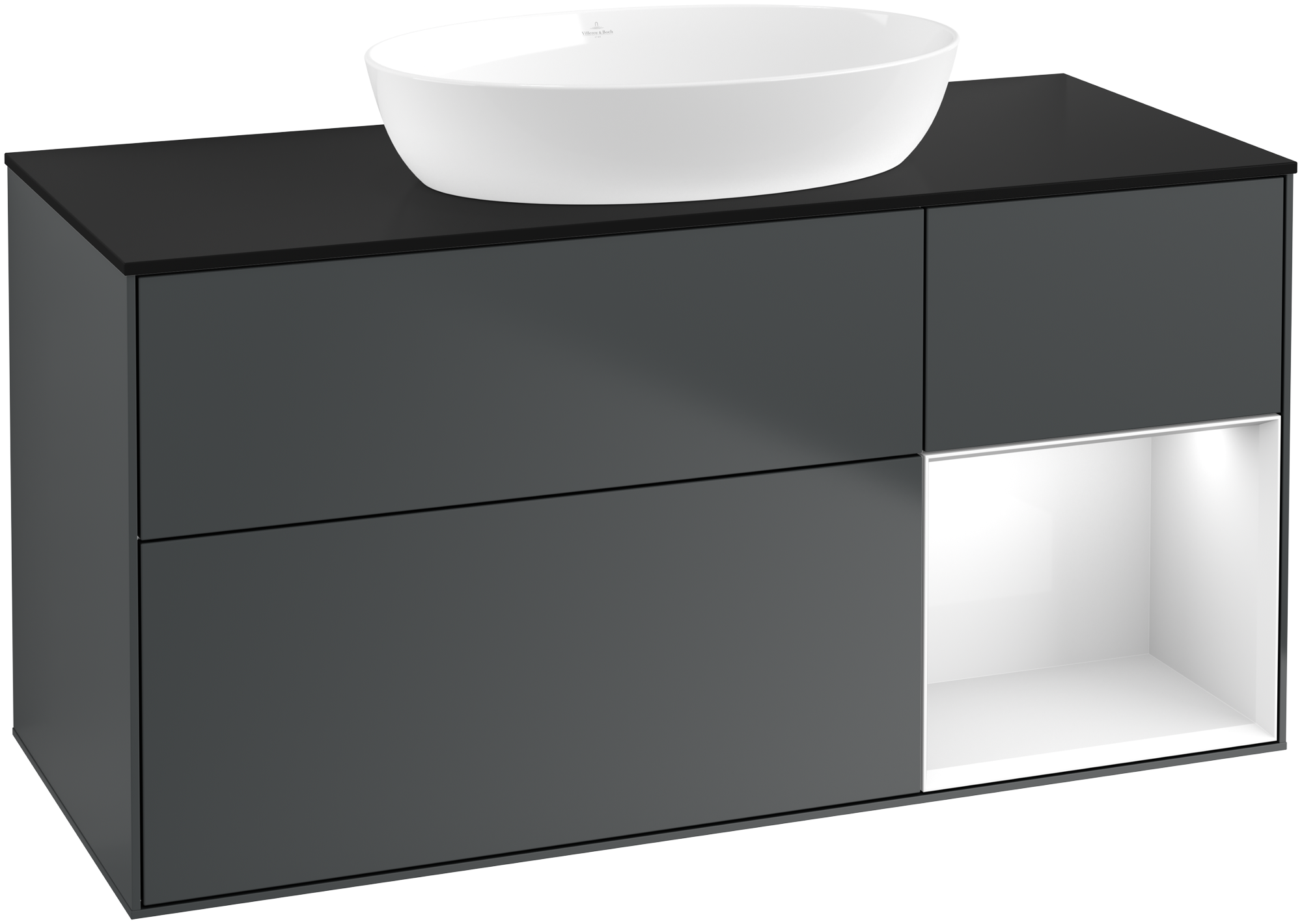 Villeroy & Boch Finion Vanity unit, with lighting, 3 pull-out compartments, 1200x603x501mm, Body: Midnight Blue Matt Lacquer, Front: Midnight Blue Matt Lacquer, Shelf: Glossy White Lacquer, Cover plate: Glass Black Matt